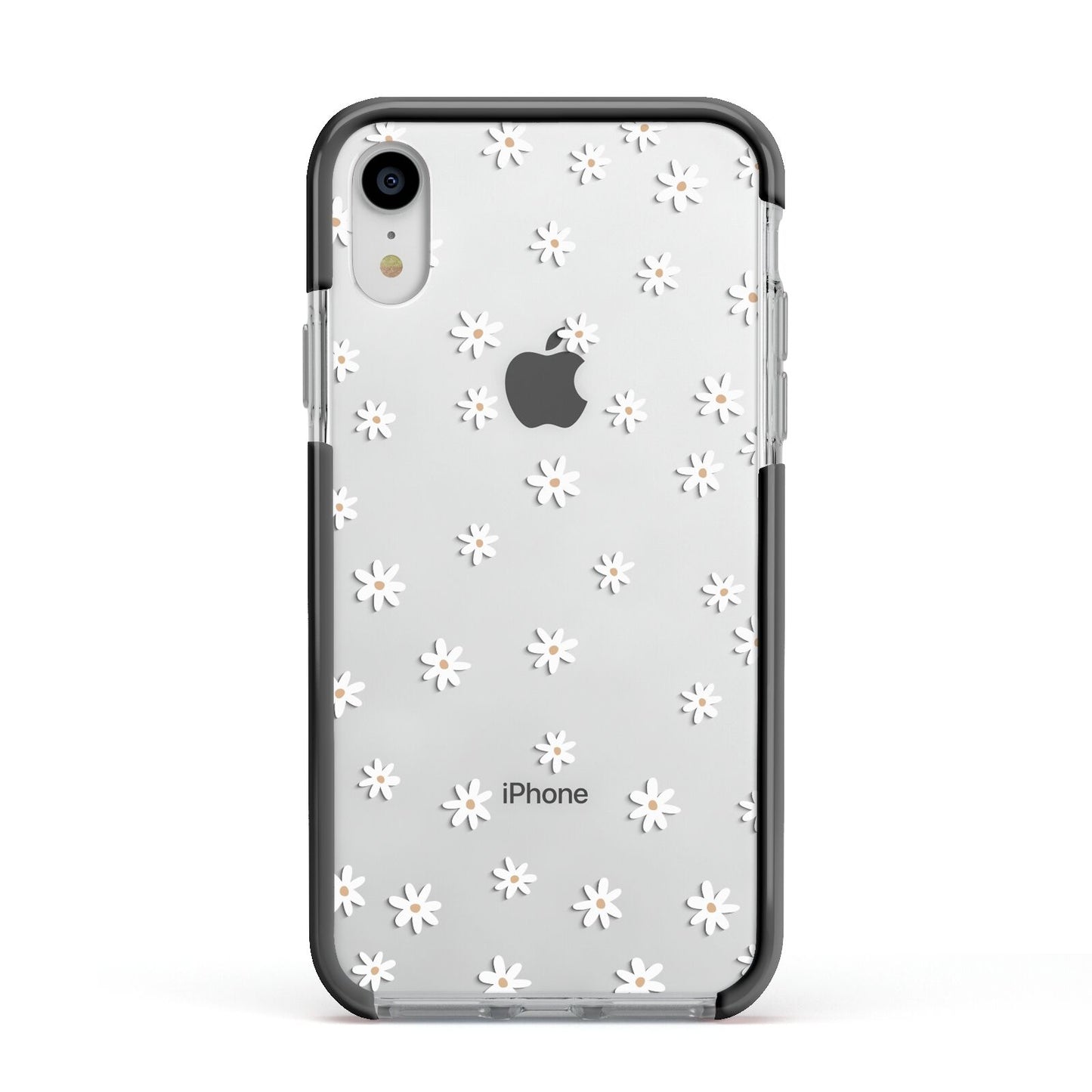 Daisy Pattern Apple iPhone XR Impact Case Black Edge on Silver Phone