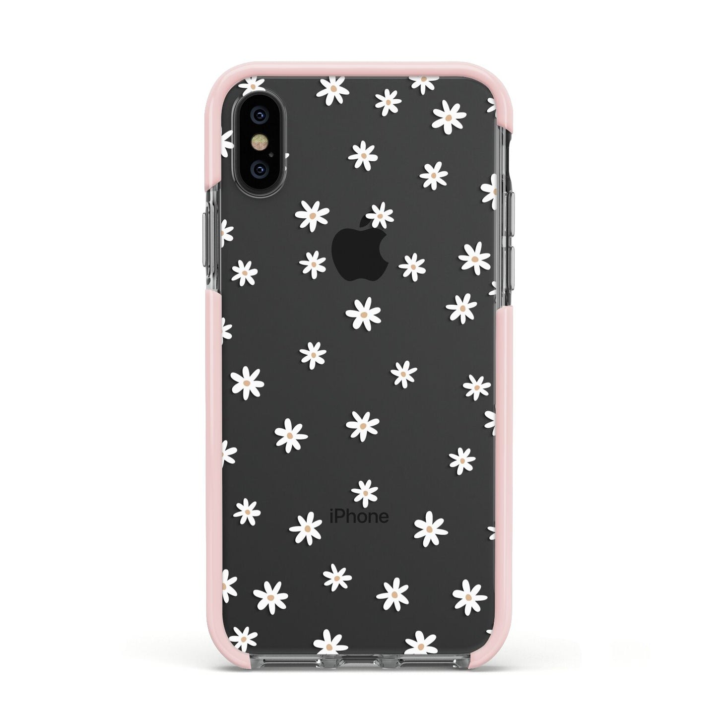 Daisy Pattern Apple iPhone Xs Impact Case Pink Edge on Black Phone