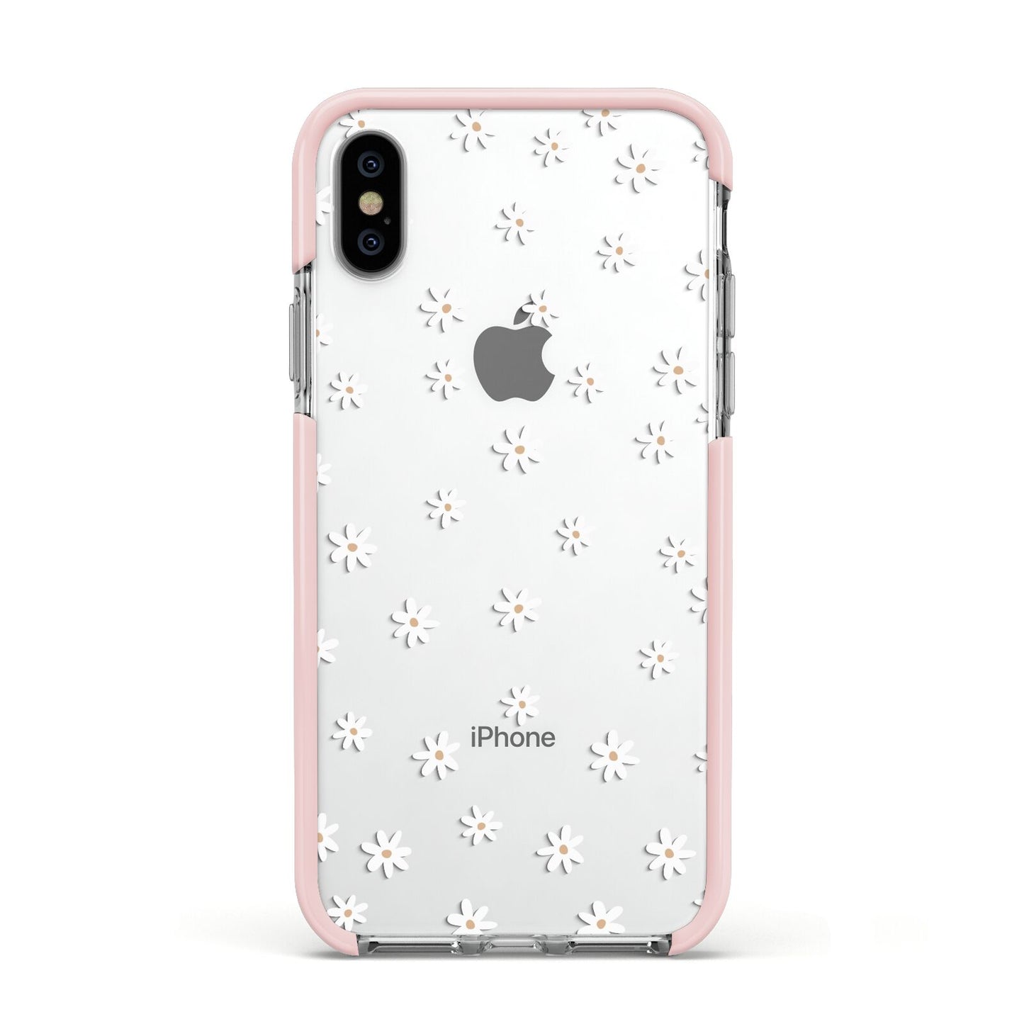 Daisy Pattern Apple iPhone Xs Impact Case Pink Edge on Silver Phone