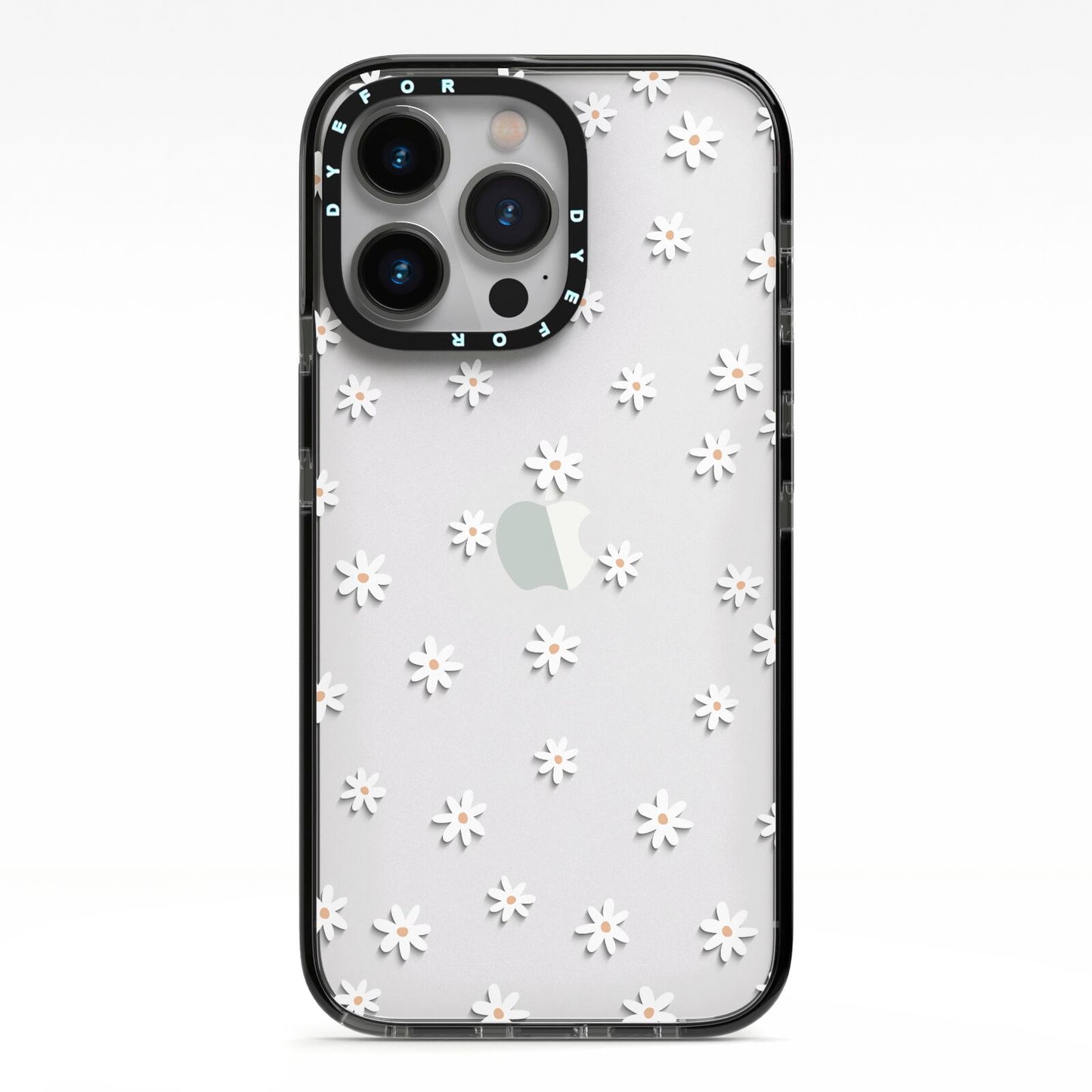 Daisy Pattern iPhone 13 Pro Black Impact Case on Silver phone