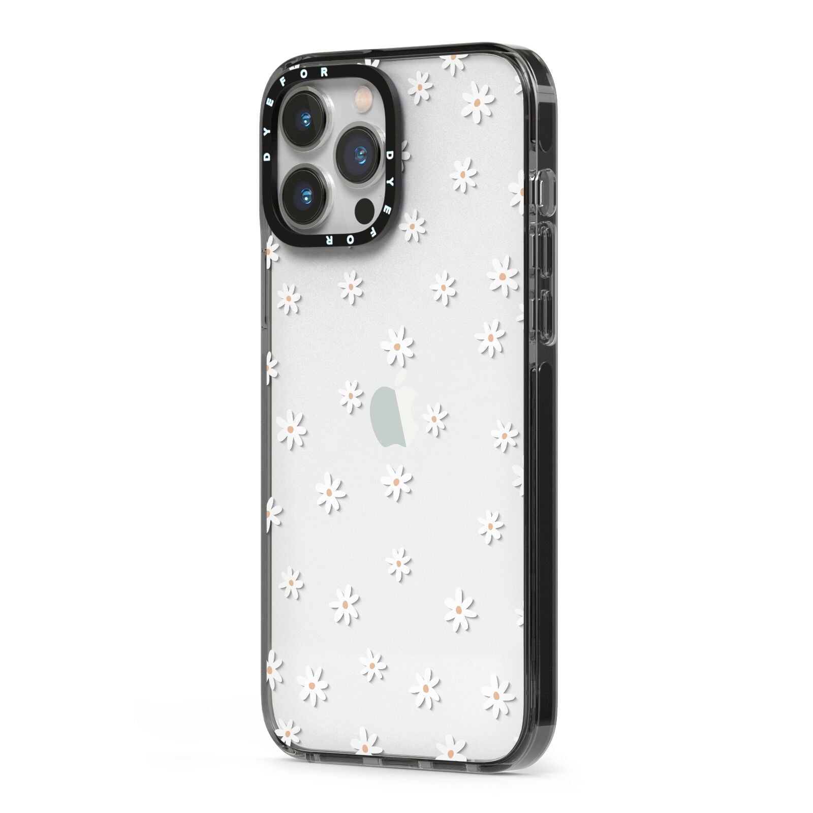 Daisy Pattern iPhone 13 Pro Max Black Impact Case Side Angle on Silver phone