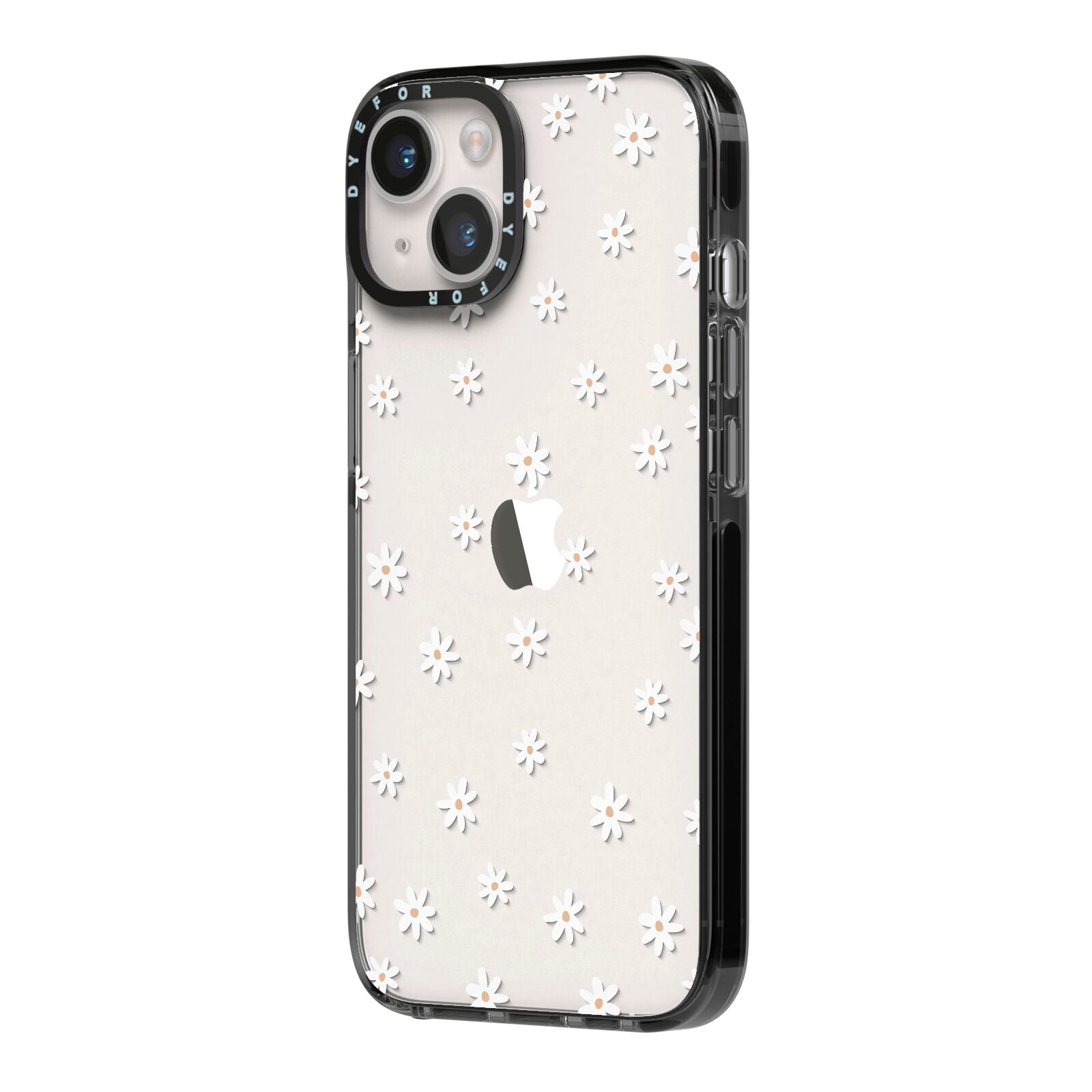 Daisy Pattern iPhone 14 Black Impact Case Side Angle on Silver phone