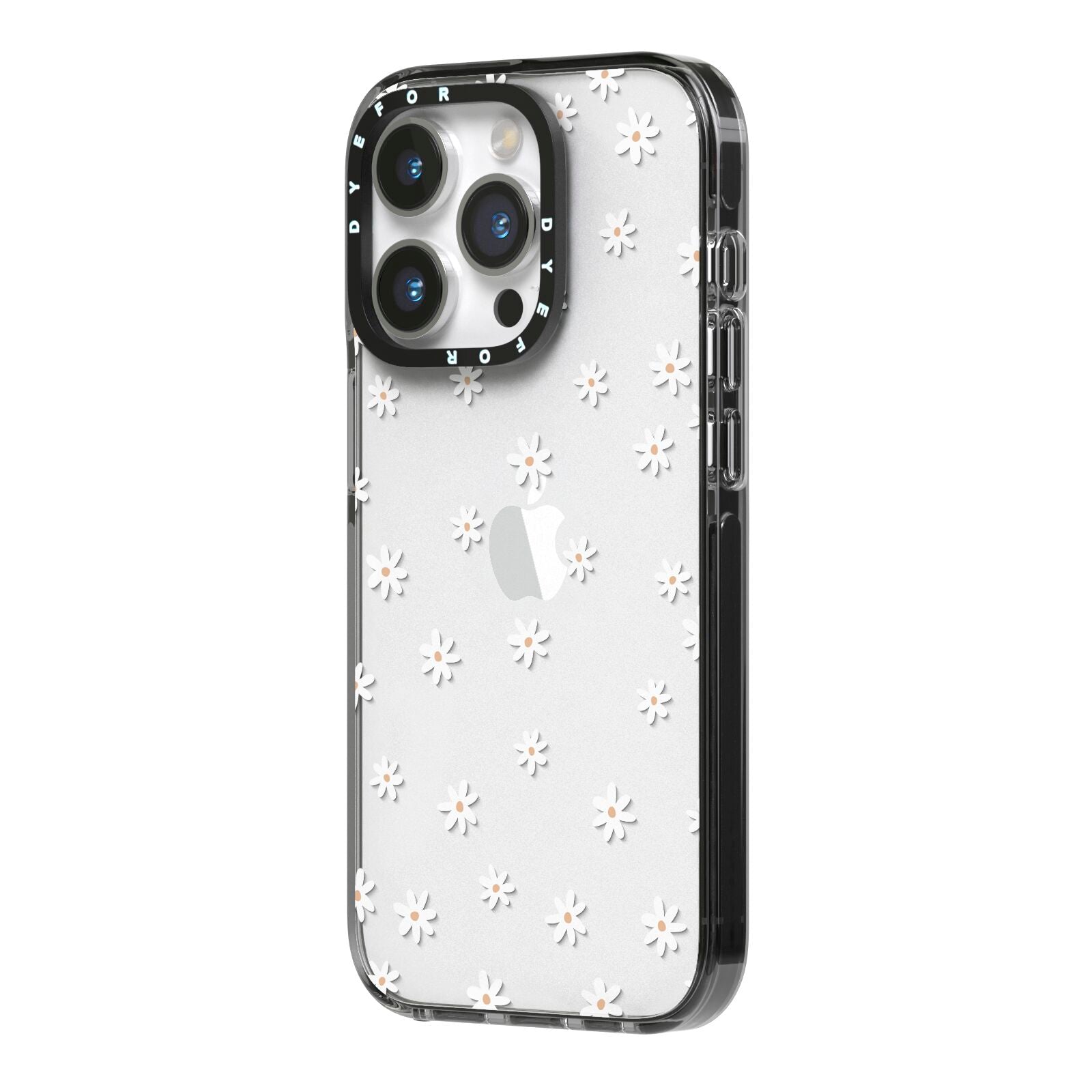 Daisy Pattern iPhone 14 Pro Black Impact Case Side Angle on Silver phone