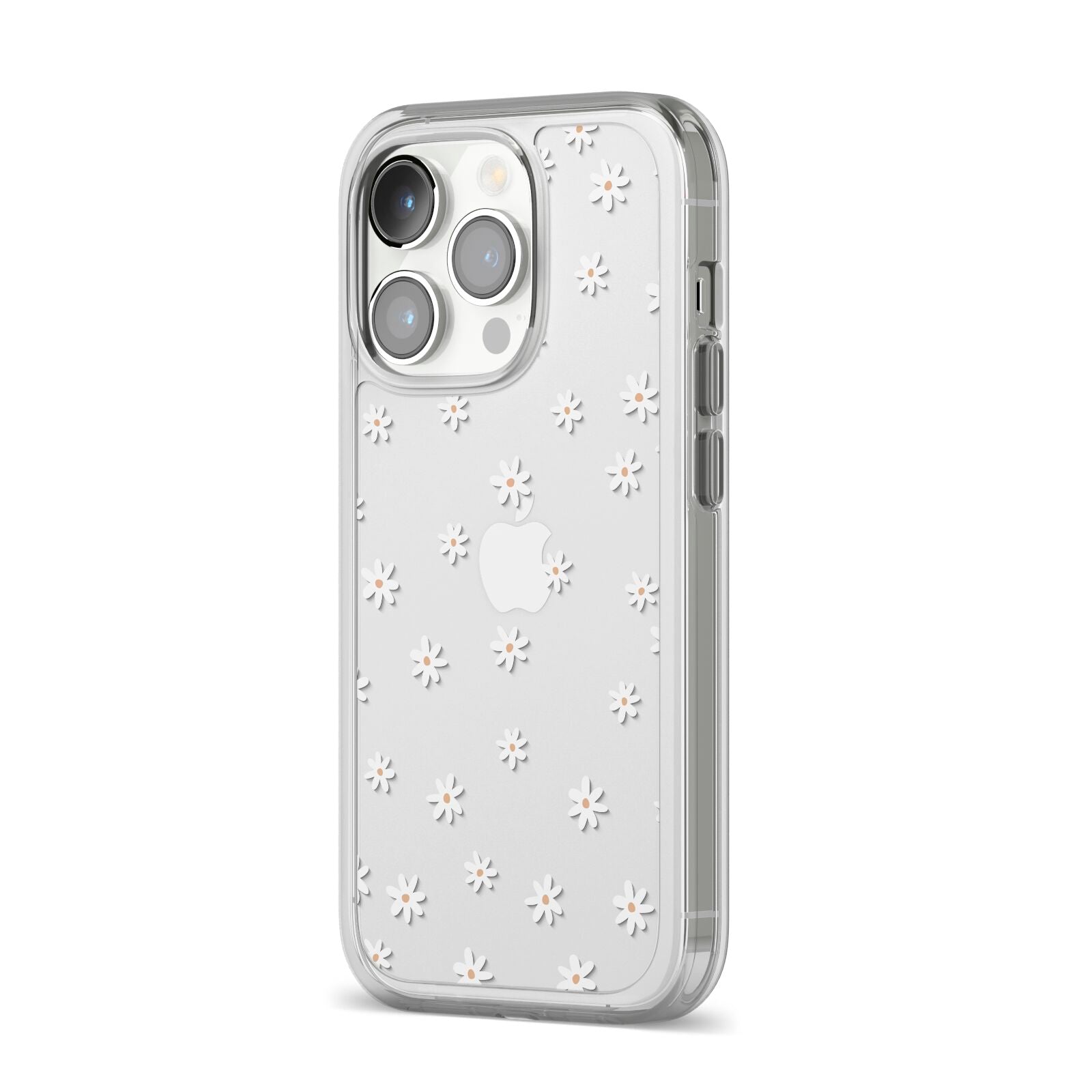 Daisy Pattern iPhone 14 Pro Clear Tough Case Silver Angled Image