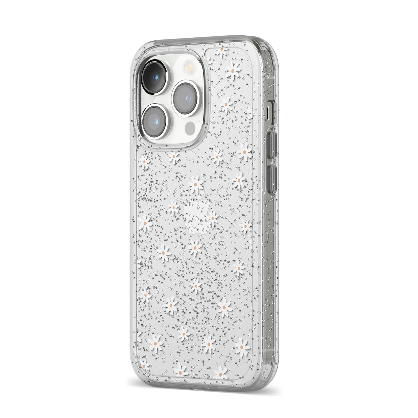 Daisy Pattern iPhone 14 Pro Glitter Tough Case Silver Angled Image