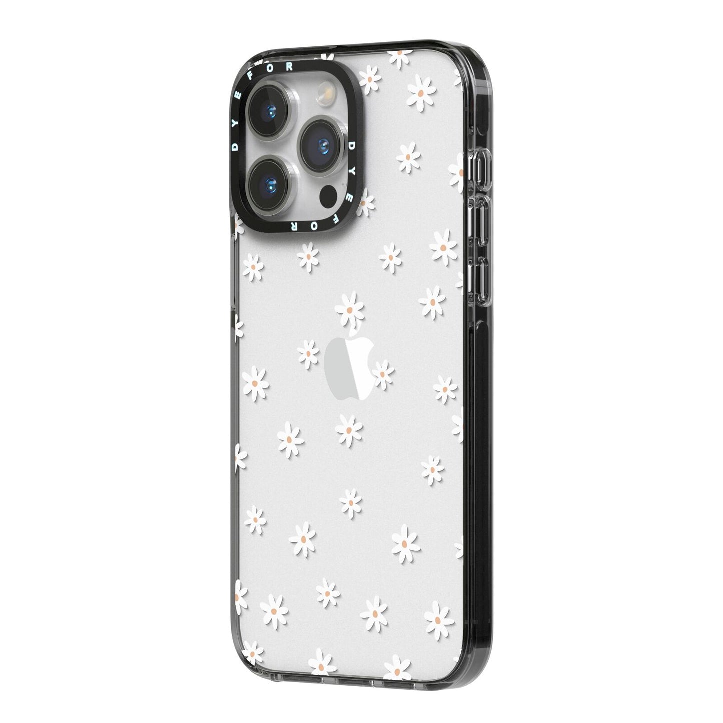 Daisy Pattern iPhone 14 Pro Max Black Impact Case Side Angle on Silver phone