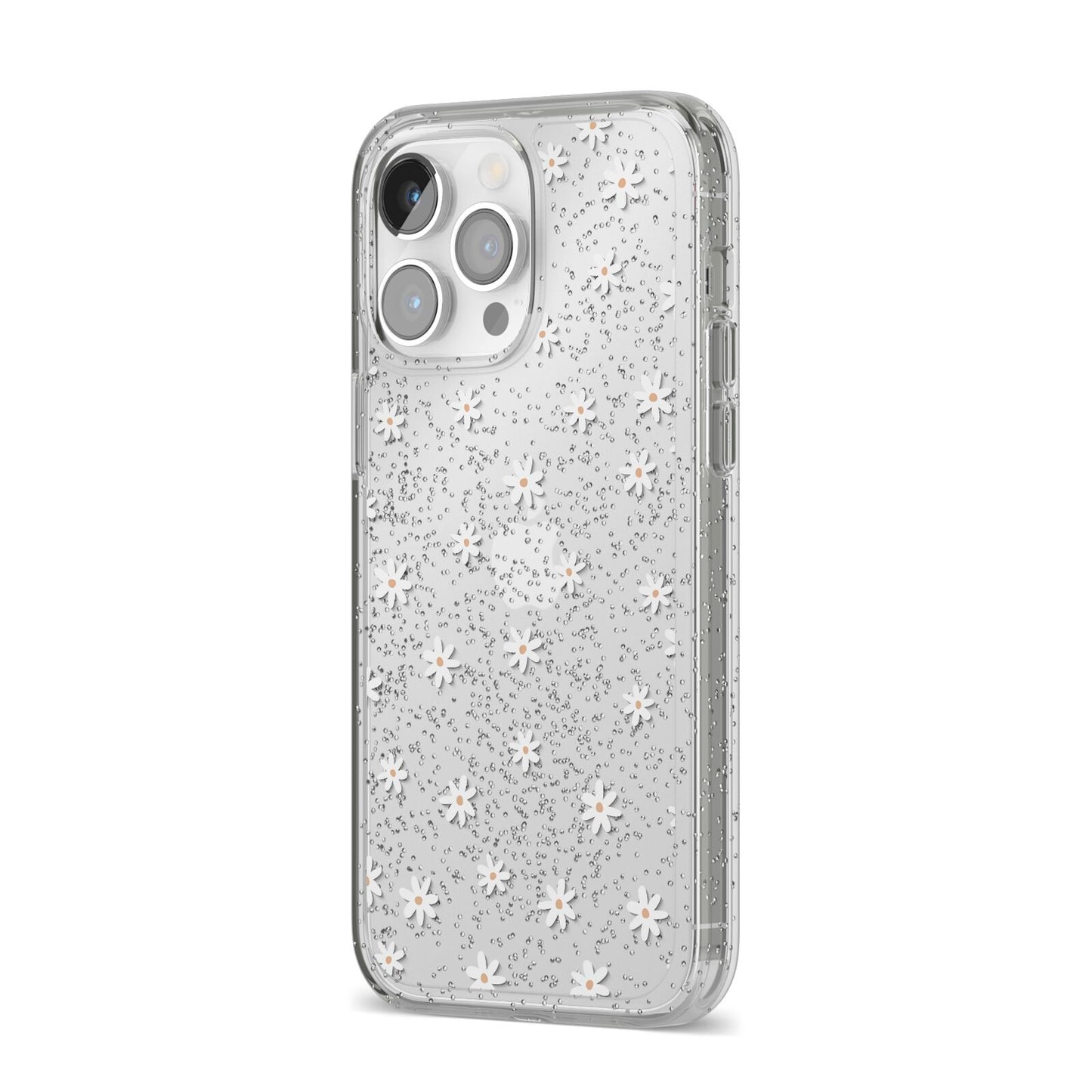 Daisy Pattern iPhone 14 Pro Max Glitter Tough Case Silver Angled Image