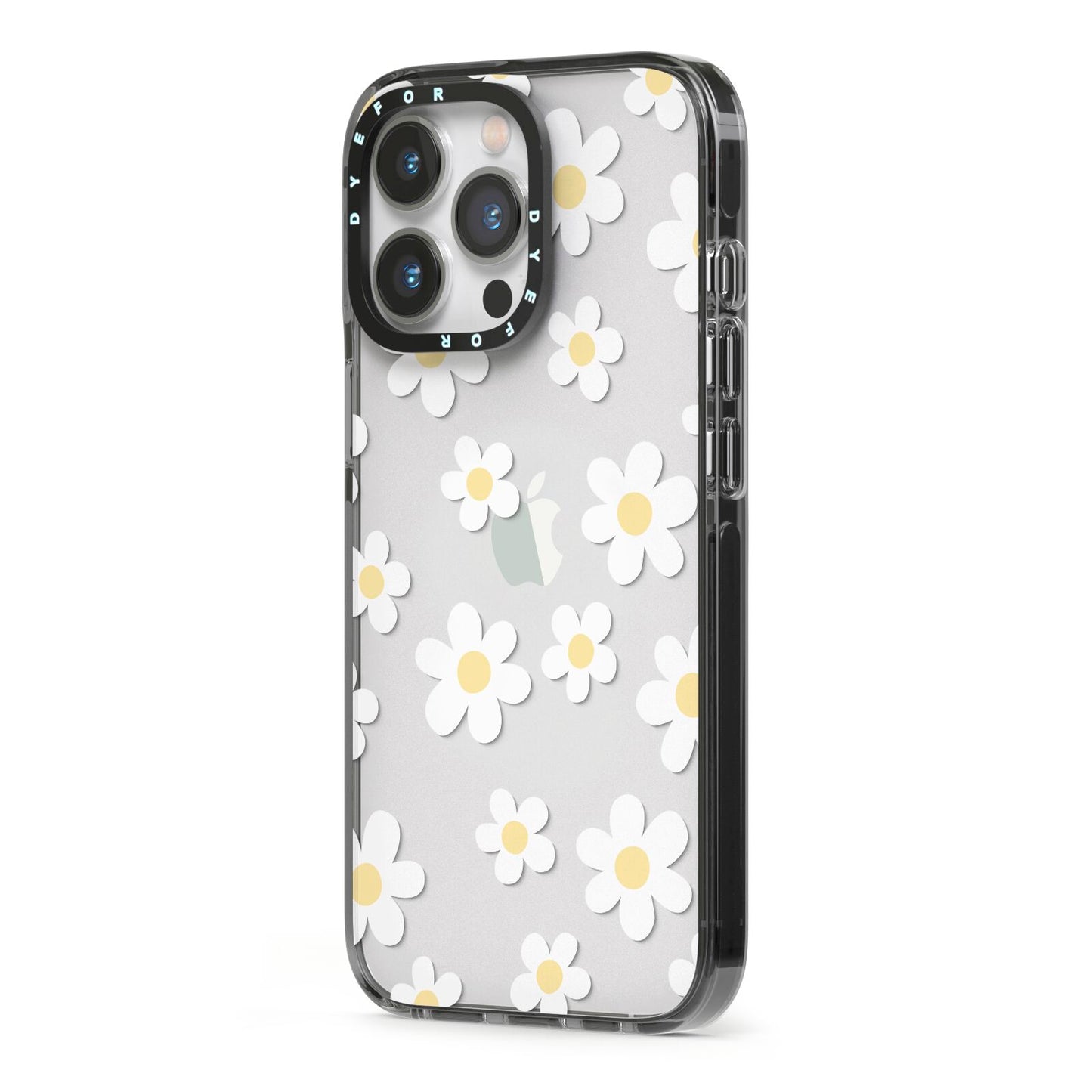 Daisy iPhone 13 Pro Black Impact Case Side Angle on Silver phone