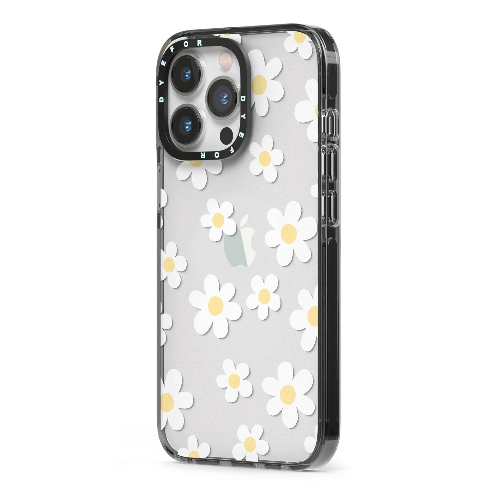 Daisy iPhone 13 Pro Black Impact Case Side Angle on Silver phone