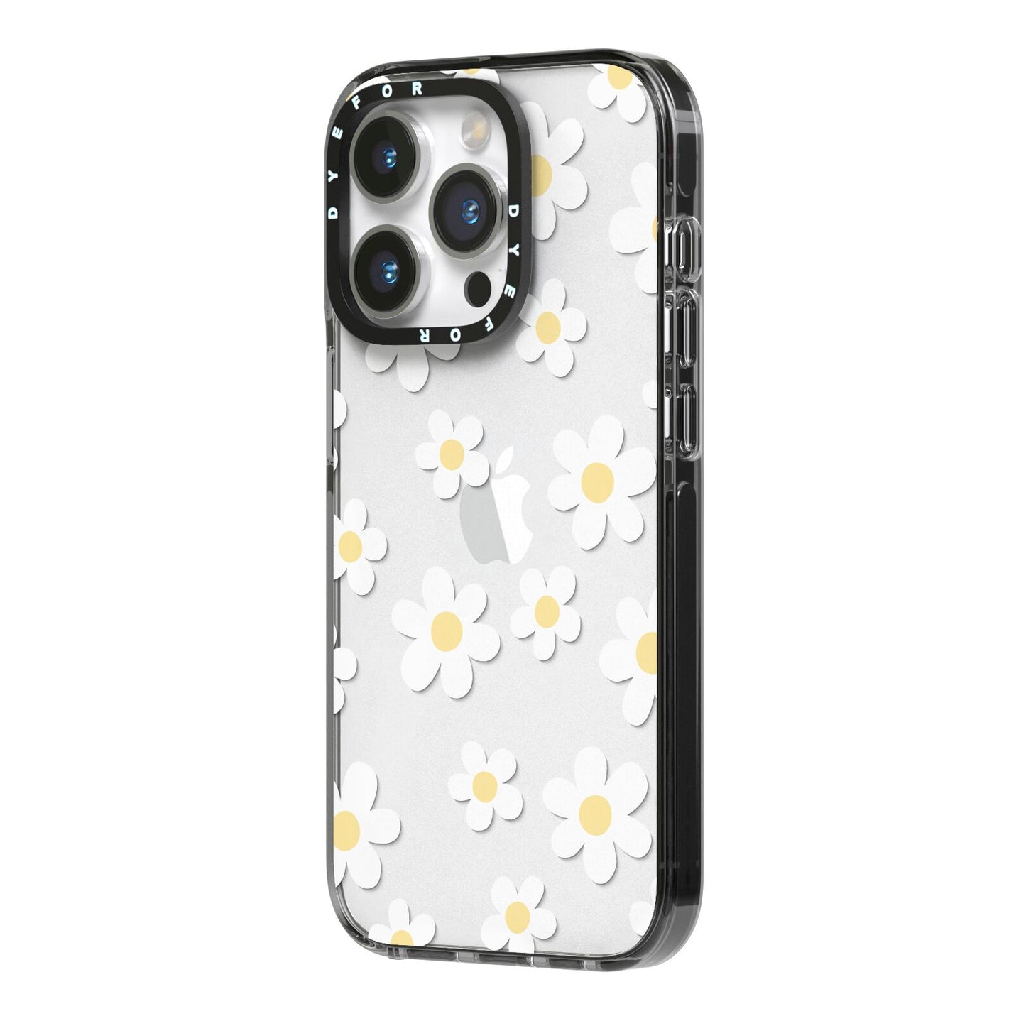 Daisy iPhone 14 Pro Black Impact Case Side Angle on Silver phone
