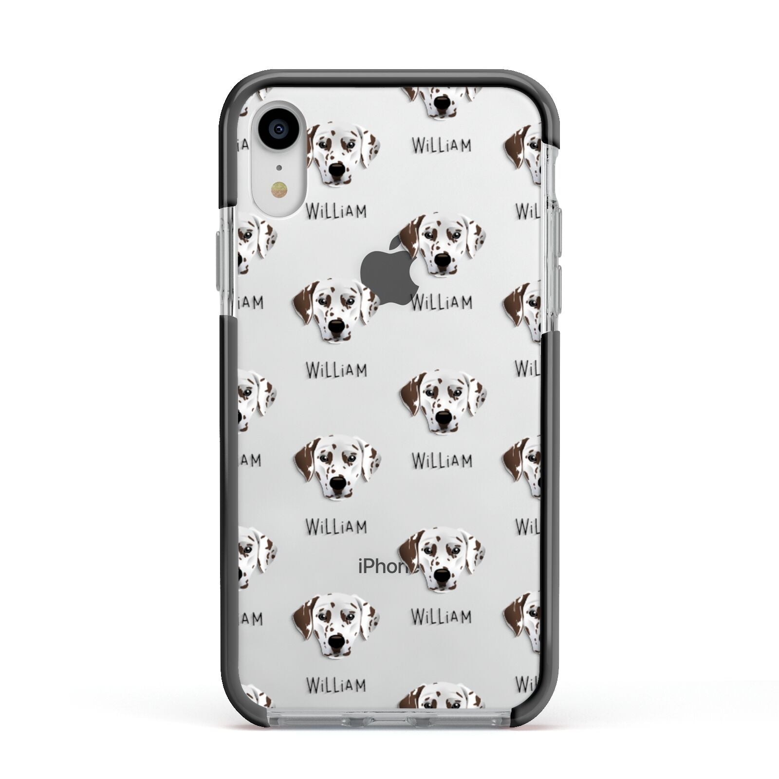 Dalmatian Icon with Name Apple iPhone XR Impact Case Black Edge on Silver Phone