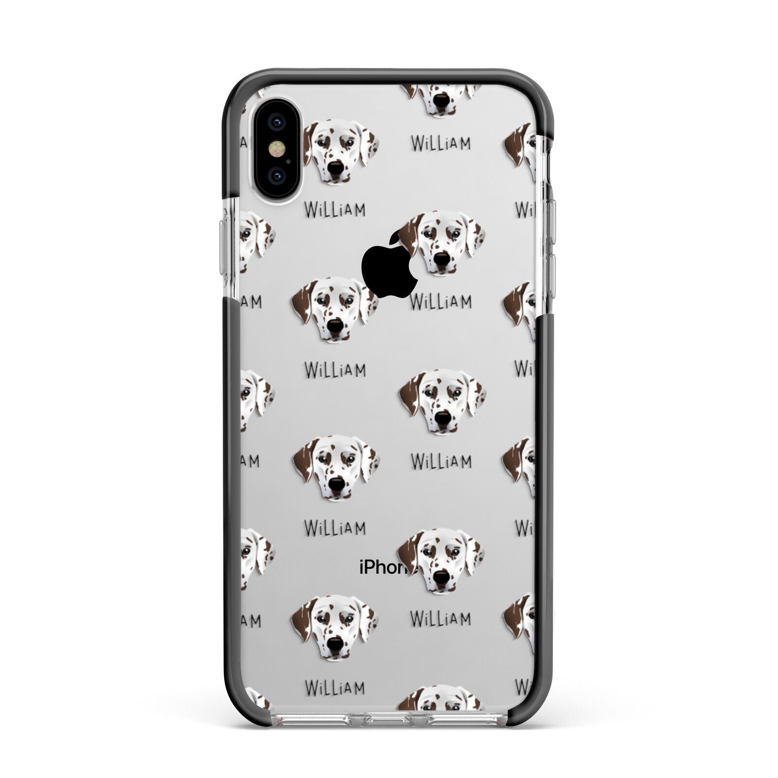 Dalmatian Icon with Name Apple iPhone Xs Max Impact Case Black Edge on Silver Phone