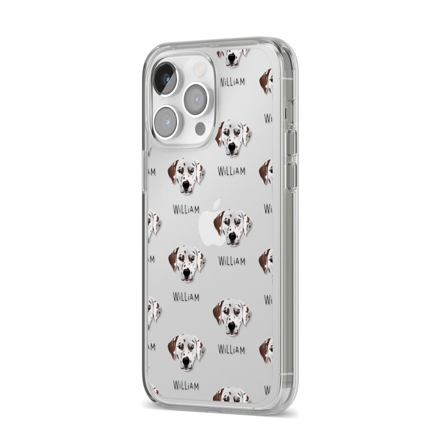 Dalmatian Icon with Name iPhone 14 Pro Max Clear Tough Case Silver Angled Image