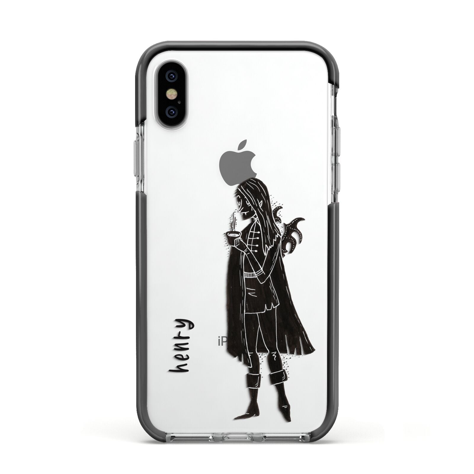 Dark Caped Vamp Apple iPhone Xs Impact Case Black Edge on Silver Phone