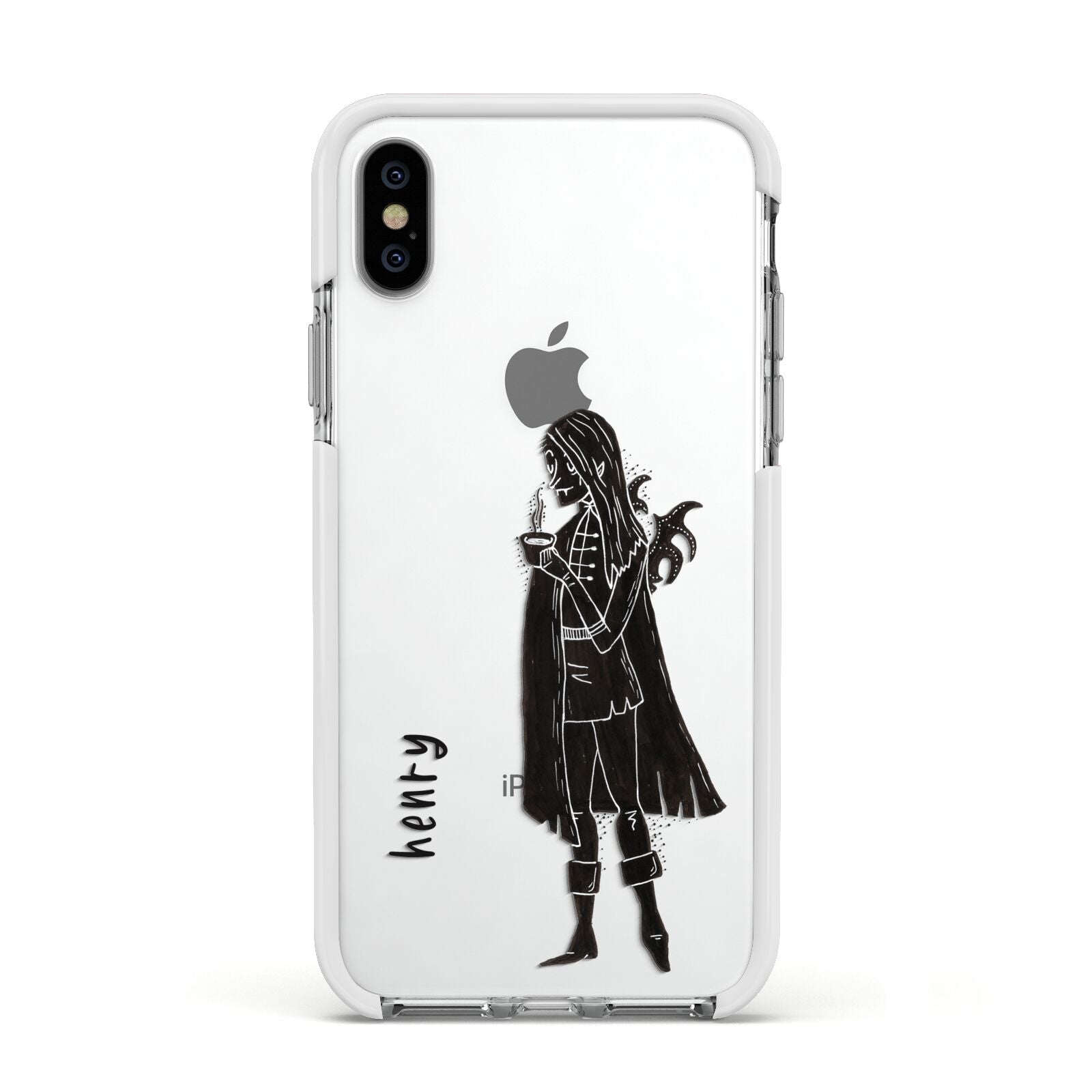 Dark Caped Vamp Apple iPhone Xs Impact Case White Edge on Silver Phone