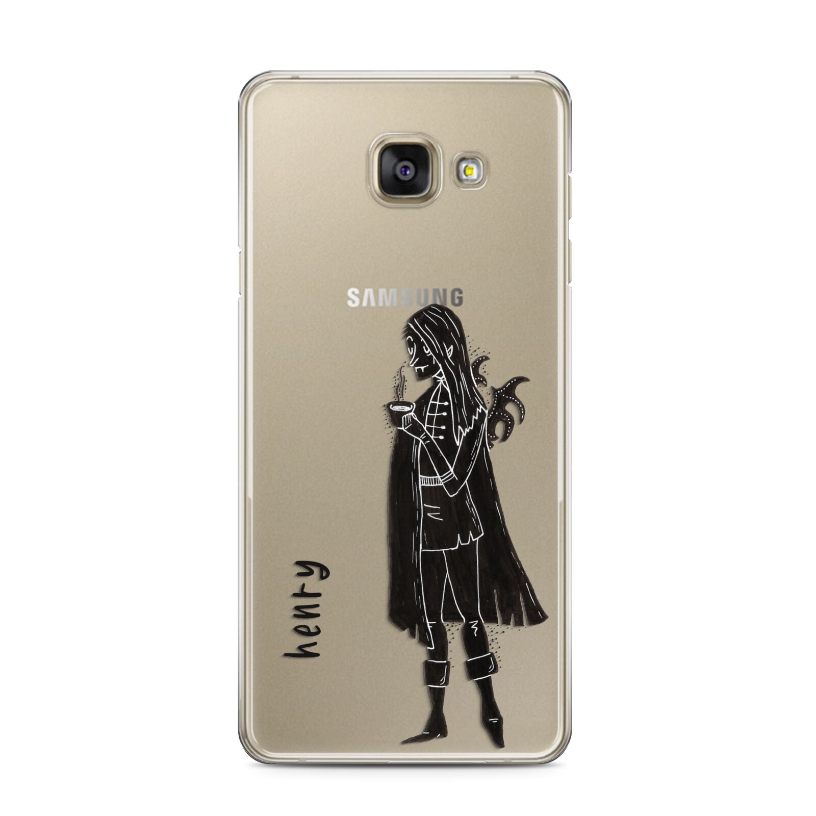 Dark Caped Vamp Samsung Galaxy A3 2016 Case on gold phone