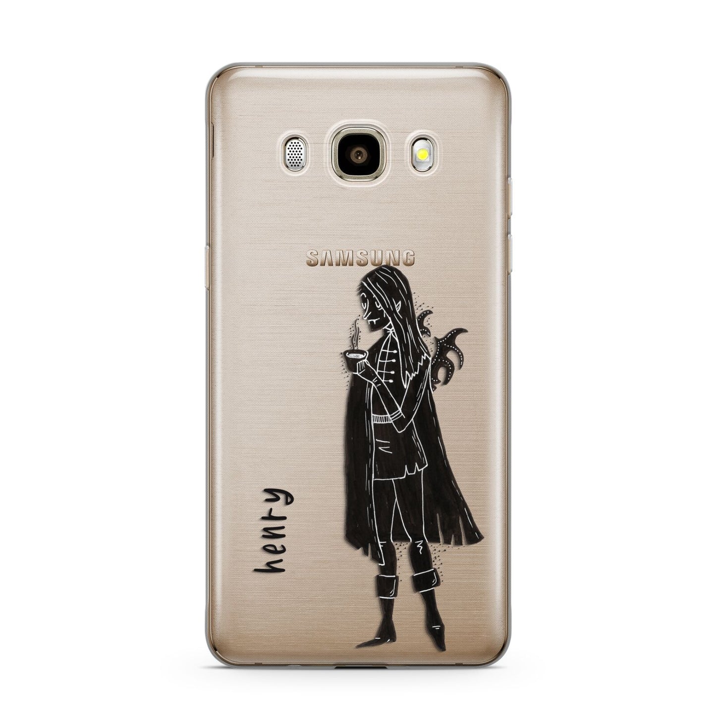 Dark Caped Vamp Samsung Galaxy J7 2016 Case on gold phone