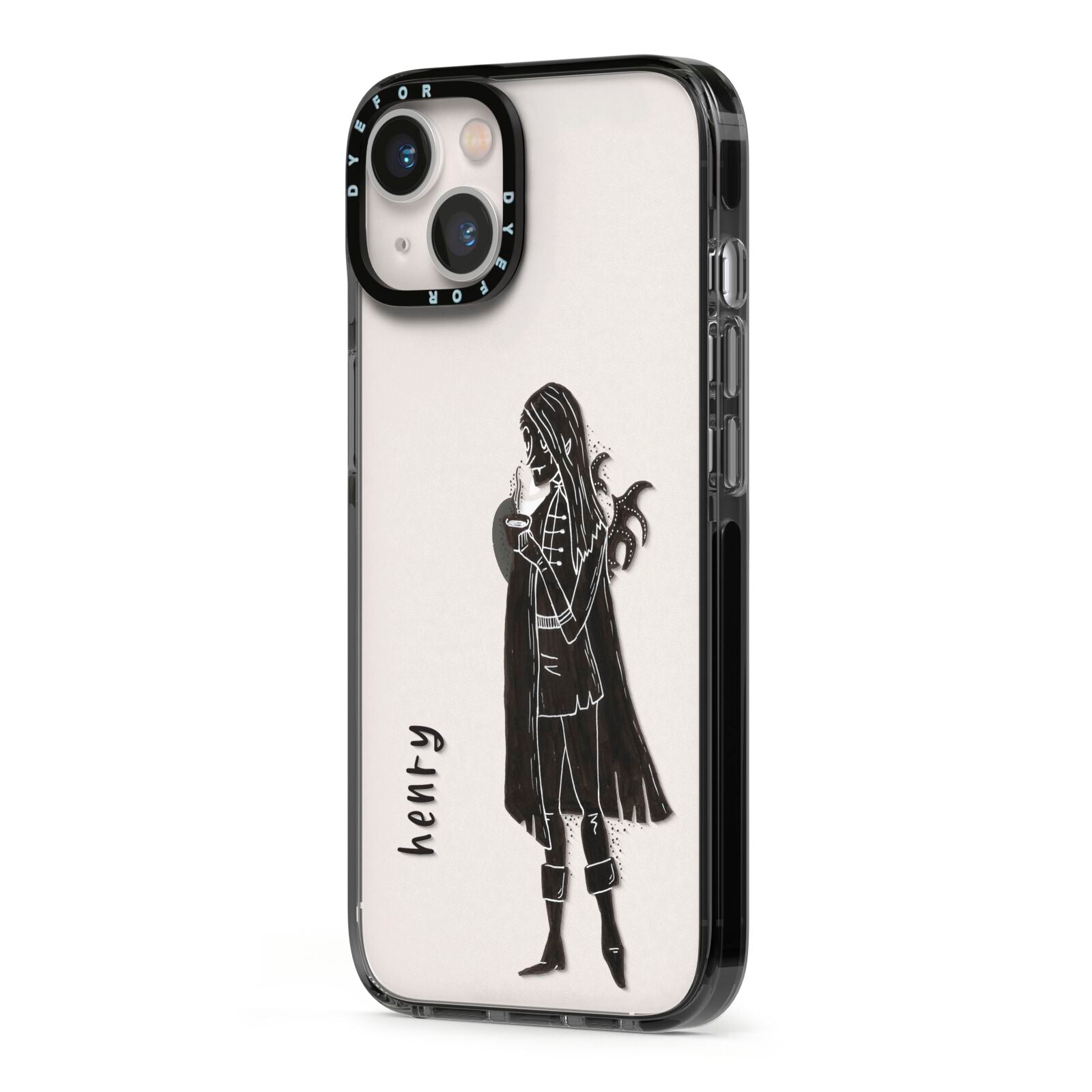 Dark Caped Vamp iPhone 13 Black Impact Case Side Angle on Silver phone