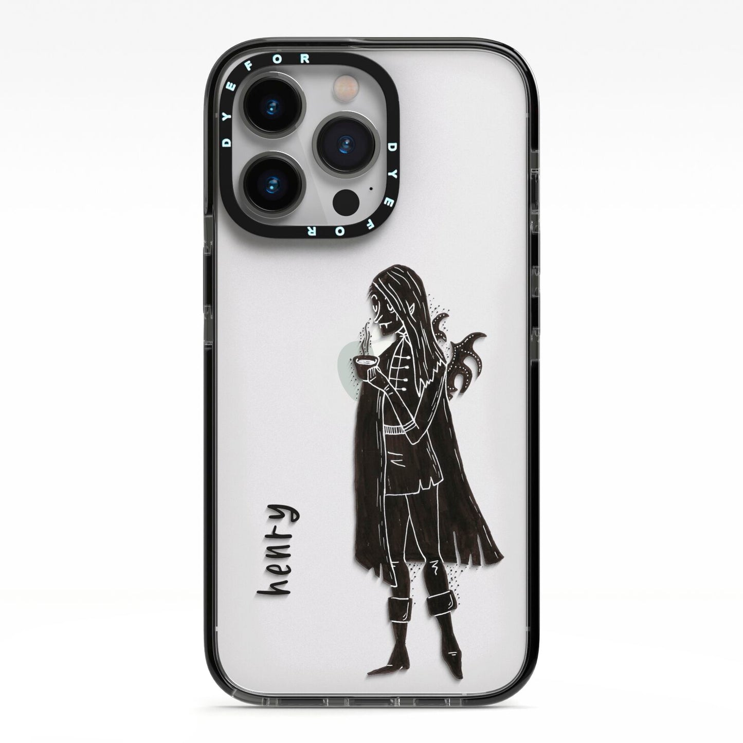 Dark Caped Vamp iPhone 13 Pro Black Impact Case on Silver phone