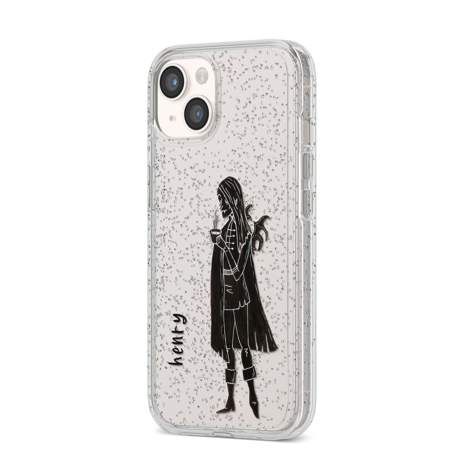 Dark Caped Vamp iPhone 14 Glitter Tough Case Starlight Angled Image