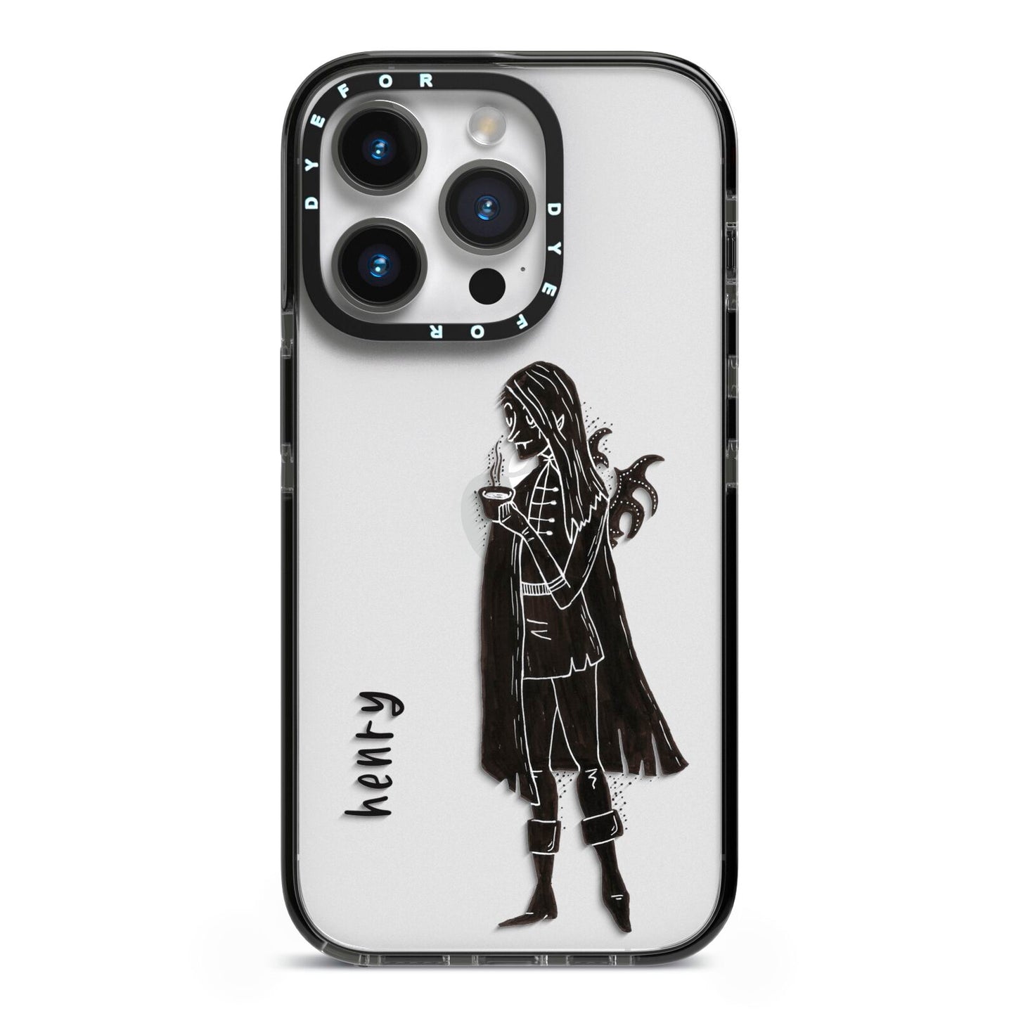 Dark Caped Vamp iPhone 14 Pro Black Impact Case on Silver phone