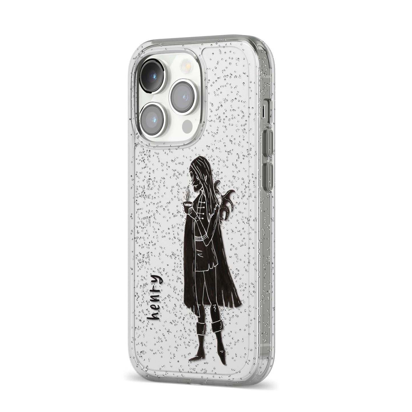 Dark Caped Vamp iPhone 14 Pro Glitter Tough Case Silver Angled Image