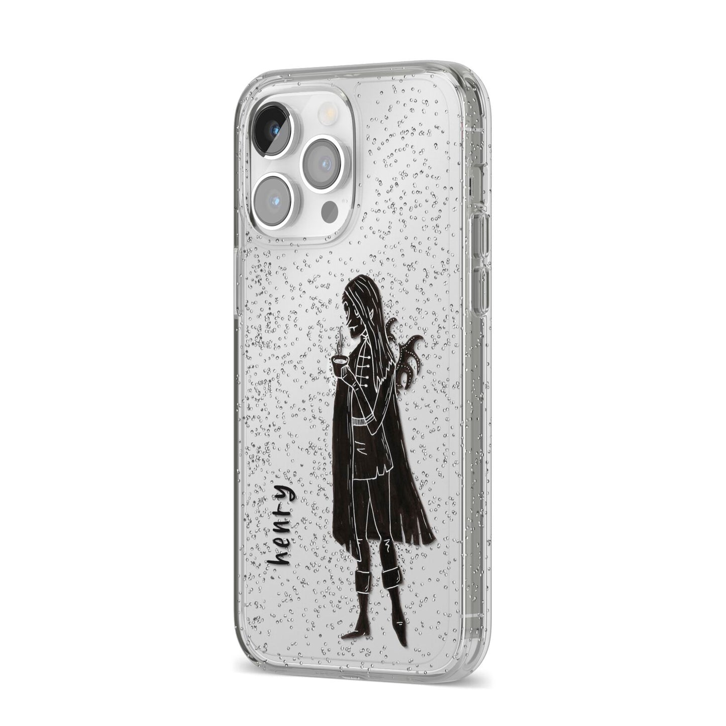 Dark Caped Vamp iPhone 14 Pro Max Glitter Tough Case Silver Angled Image