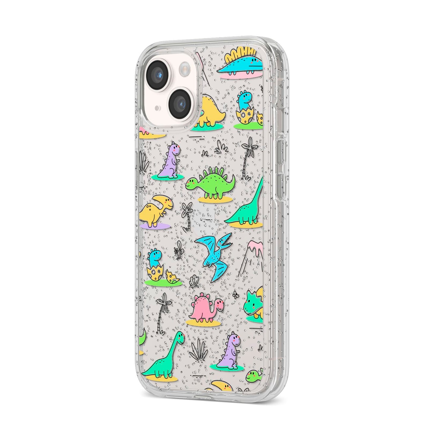 Dinosaur iPhone 14 Glitter Tough Case Starlight Angled Image