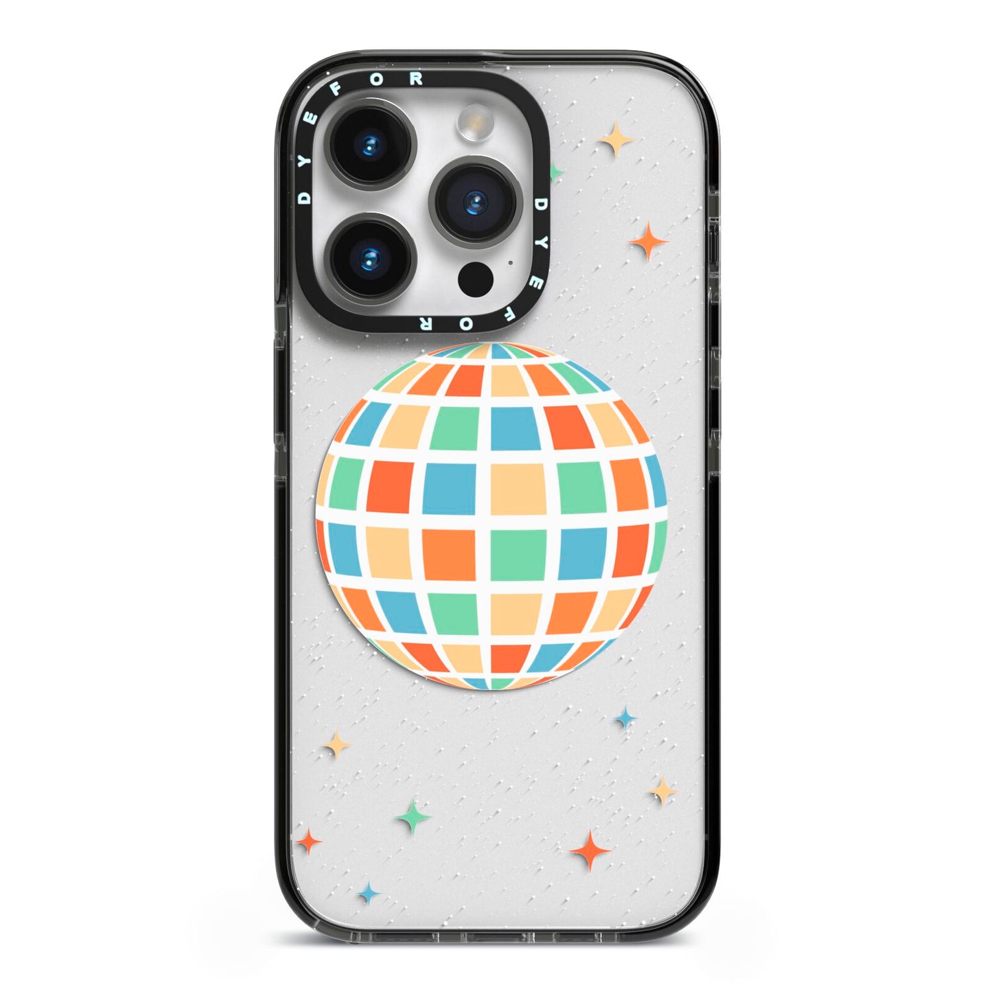 Disco Ball iPhone 14 Pro Black Impact Case on Silver phone