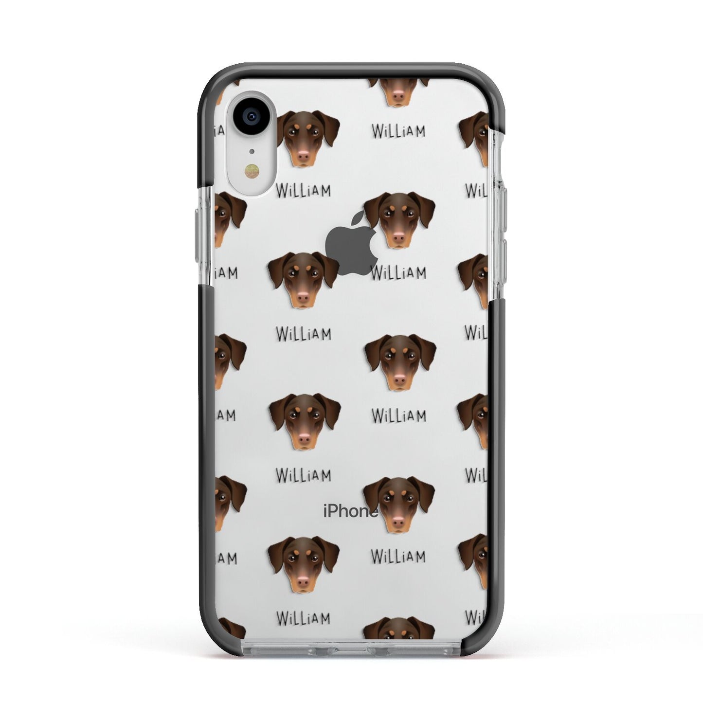 Dobermann Icon with Name Apple iPhone XR Impact Case Black Edge on Silver Phone