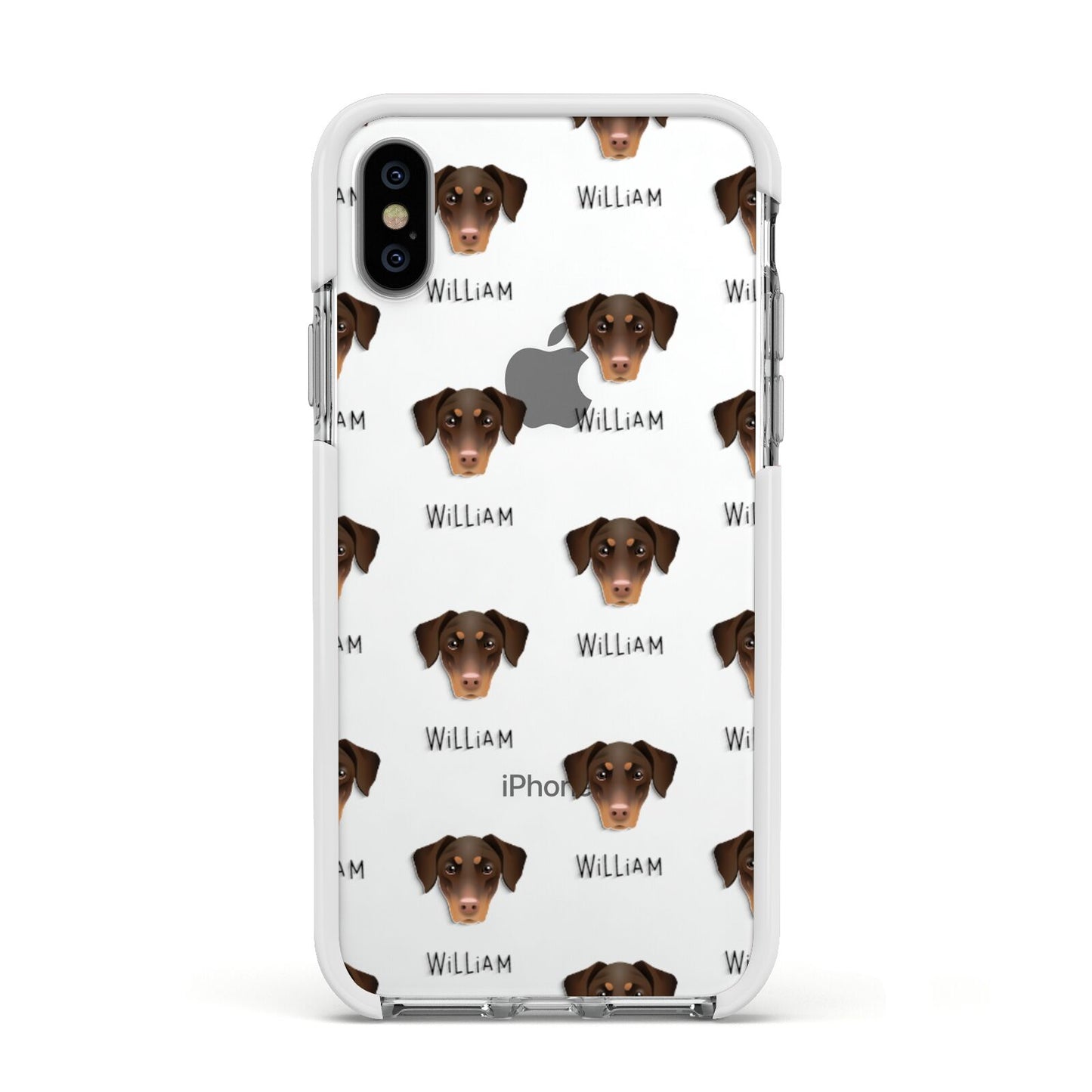 Dobermann Icon with Name Apple iPhone Xs Impact Case White Edge on Silver Phone