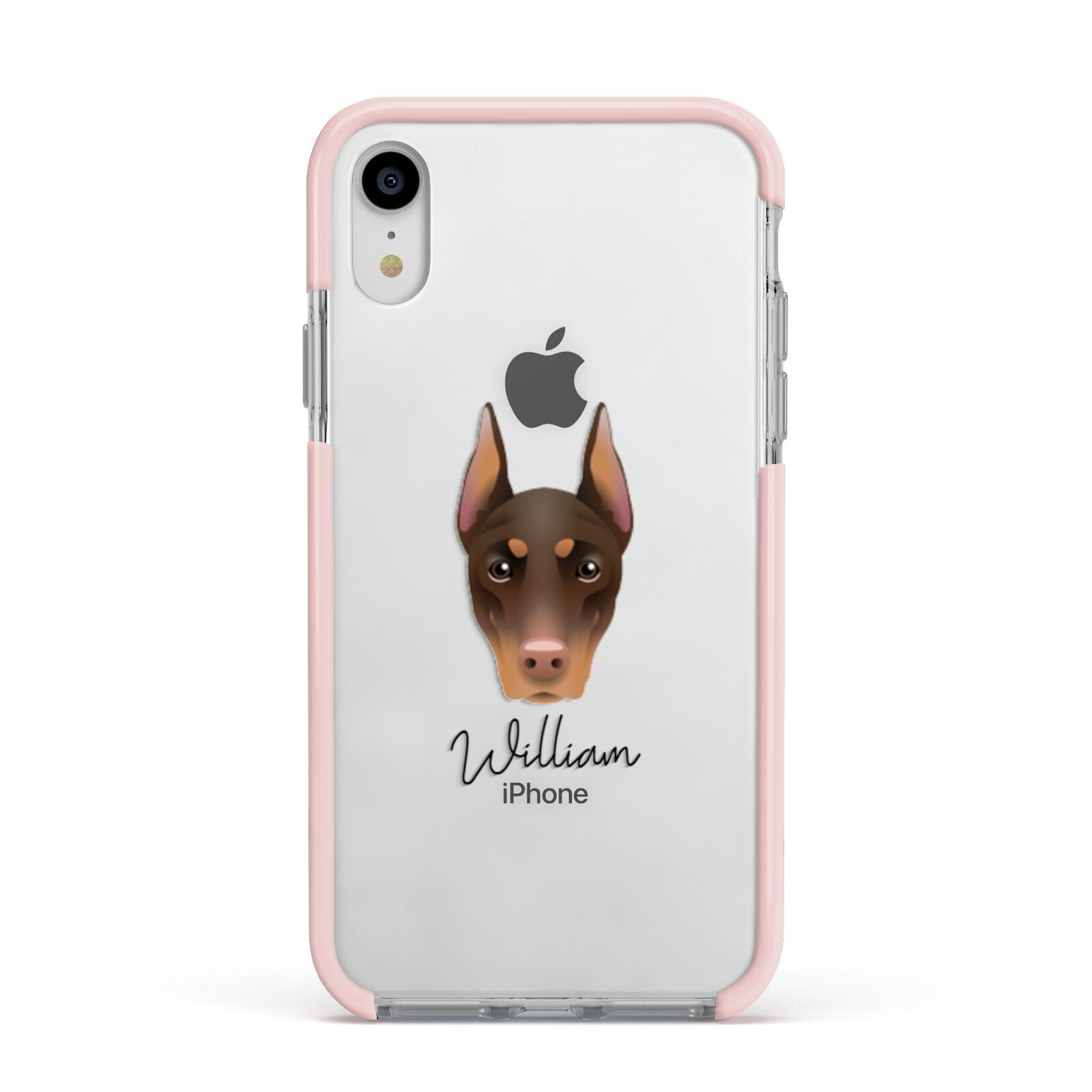 Dobermann Personalised Apple iPhone XR Impact Case Pink Edge on Silver Phone