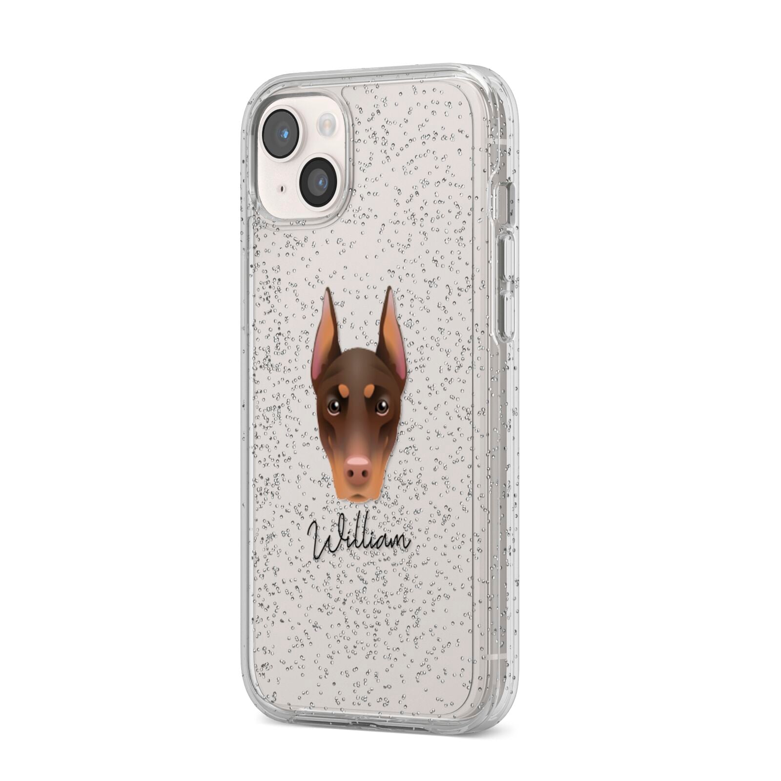 Dobermann Personalised iPhone 14 Plus Glitter Tough Case Starlight Angled Image