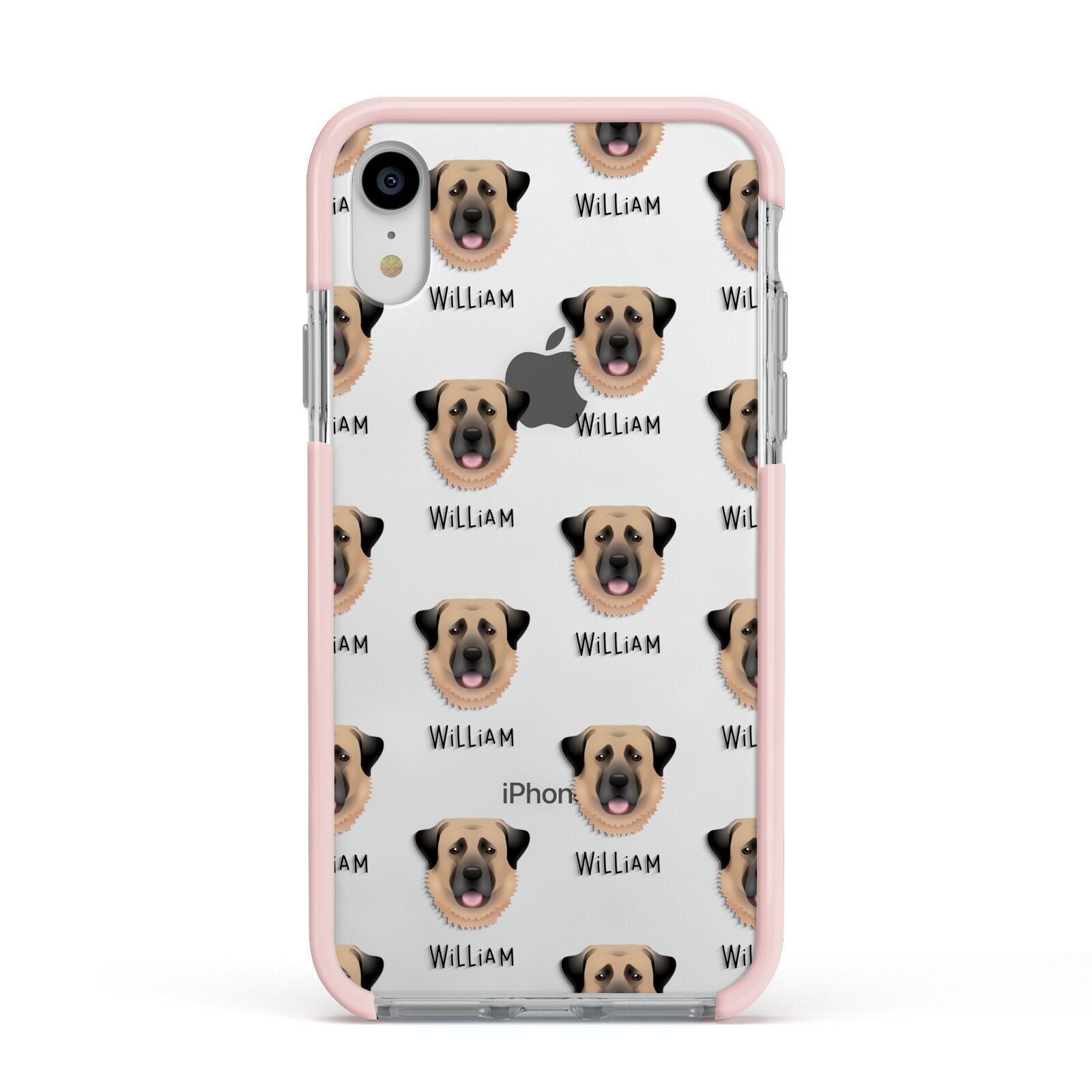 Dog Icon with Name Apple iPhone XR Impact Case Pink Edge on Silver Phone