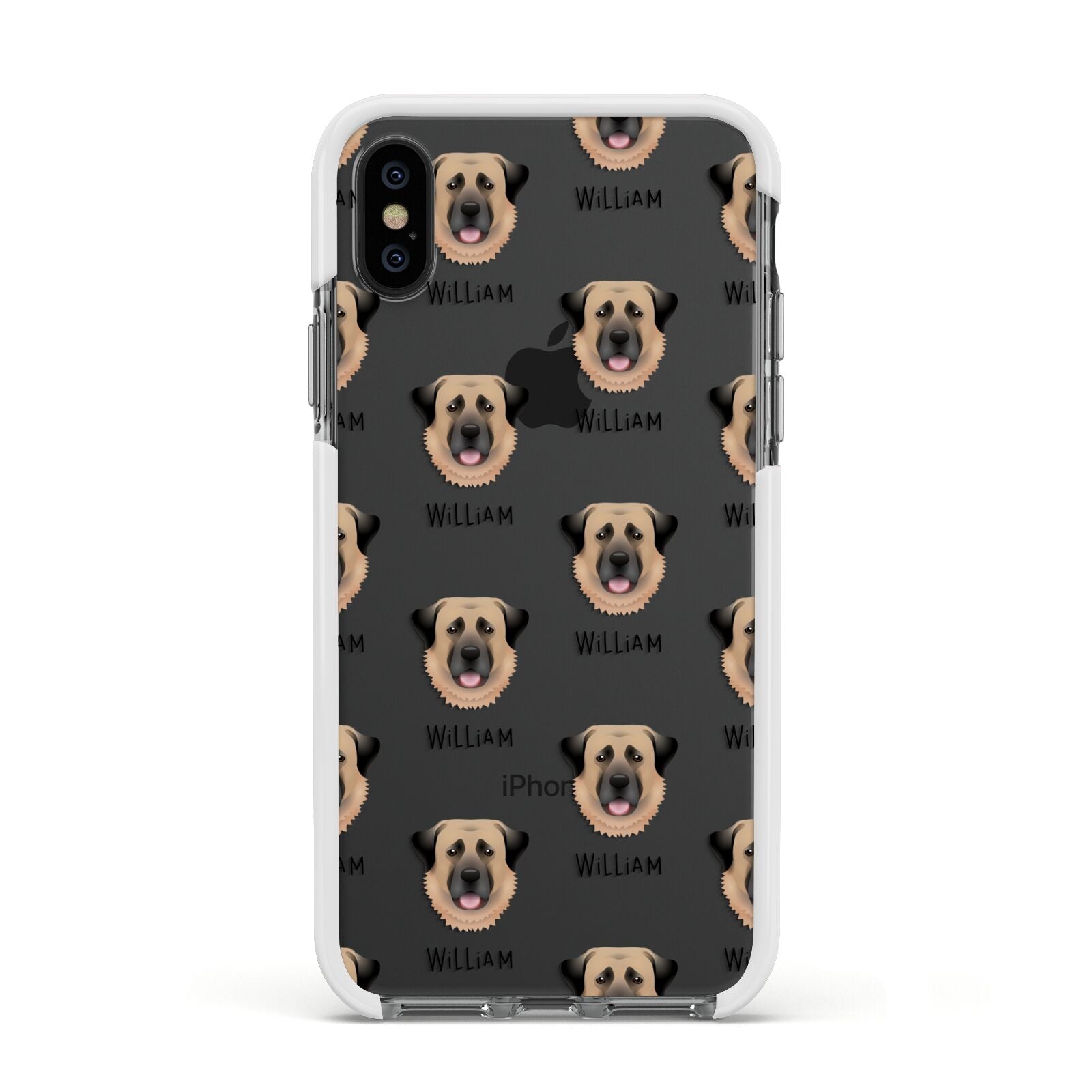 Dog Icon with Name Apple iPhone Xs Impact Case White Edge on Black Phone