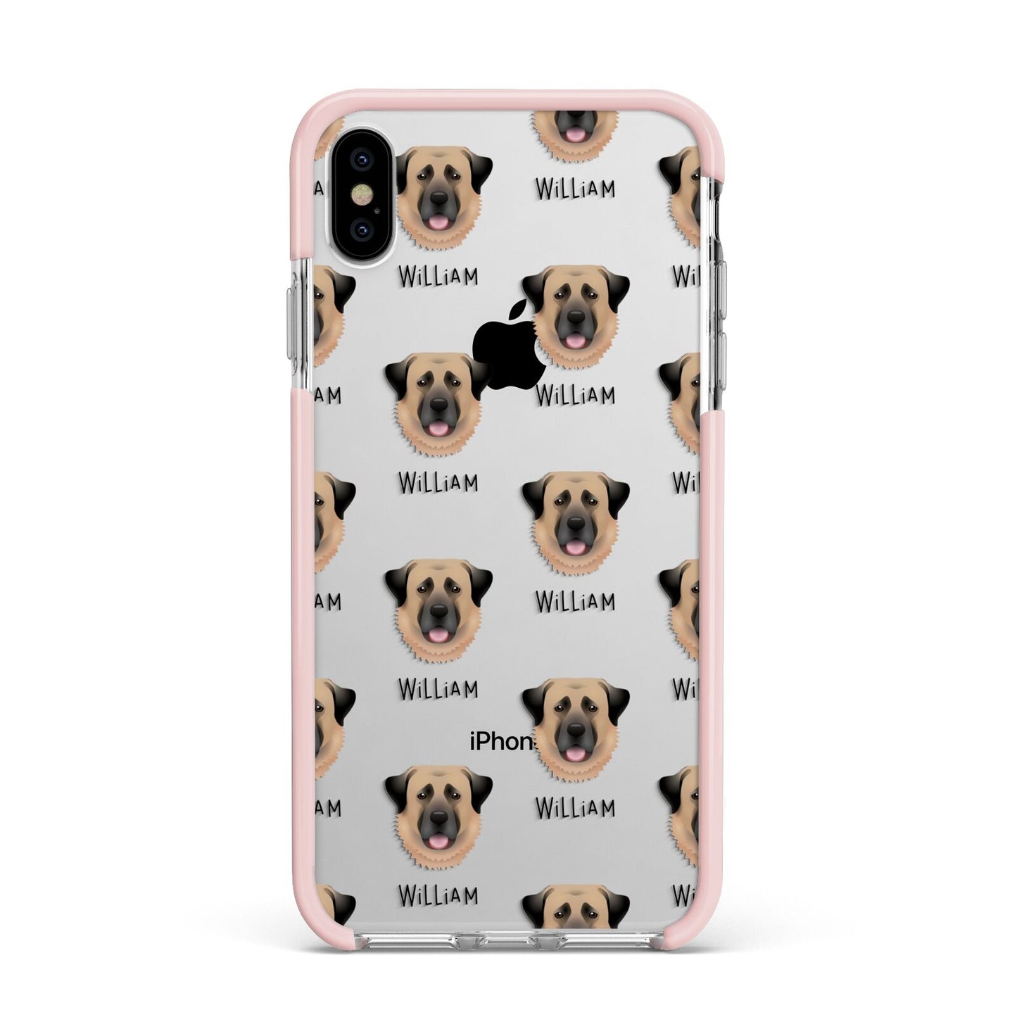 Dog Icon with Name Apple iPhone Xs Max Impact Case Pink Edge on Silver Phone