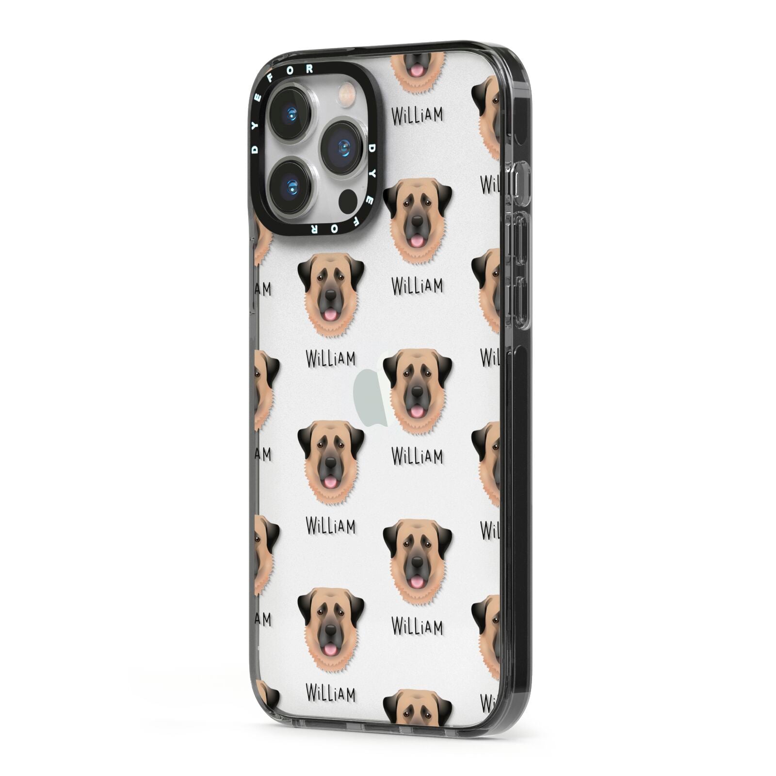 Dog Icon with Name iPhone 13 Pro Max Black Impact Case Side Angle on Silver phone