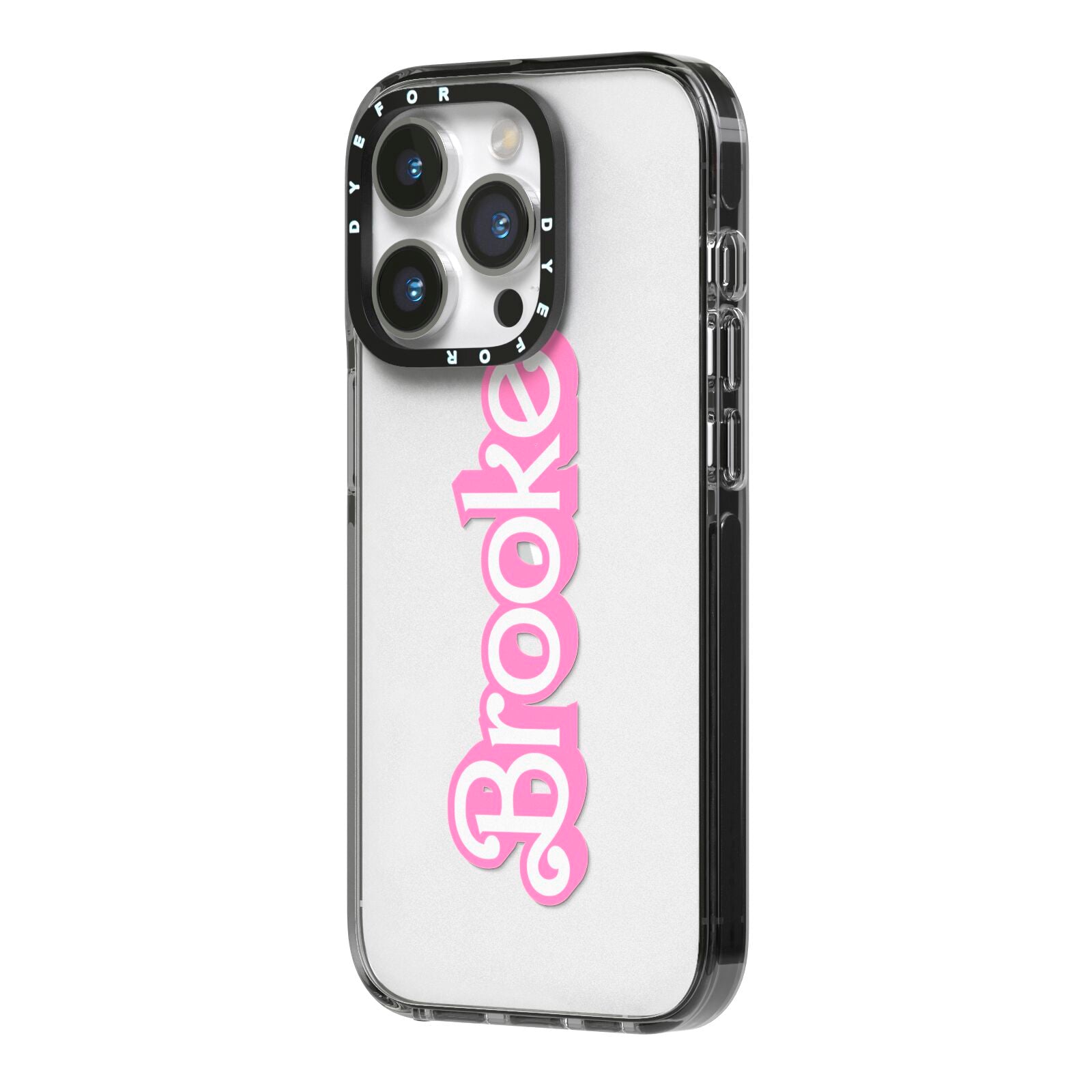 Dream Name iPhone 14 Pro Black Impact Case Side Angle on Silver phone