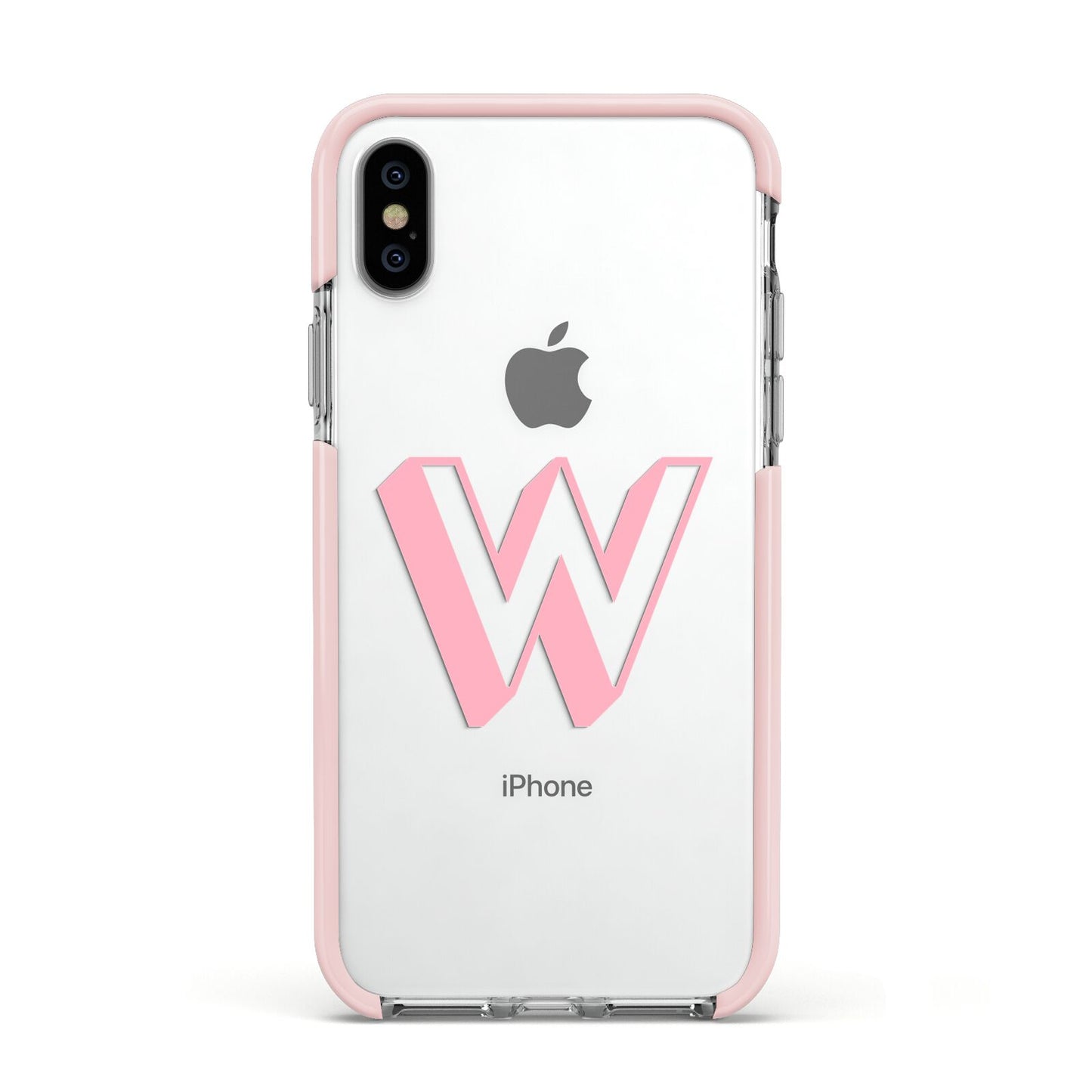 Drop Shadow Initial Apple iPhone Xs Impact Case Pink Edge on Silver Phone