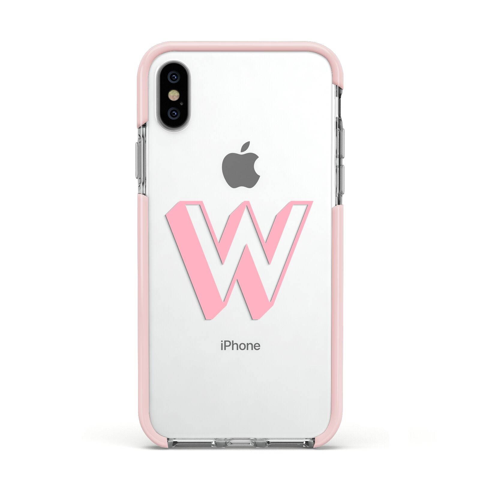 Drop Shadow Initial Apple iPhone Xs Impact Case Pink Edge on Silver Phone