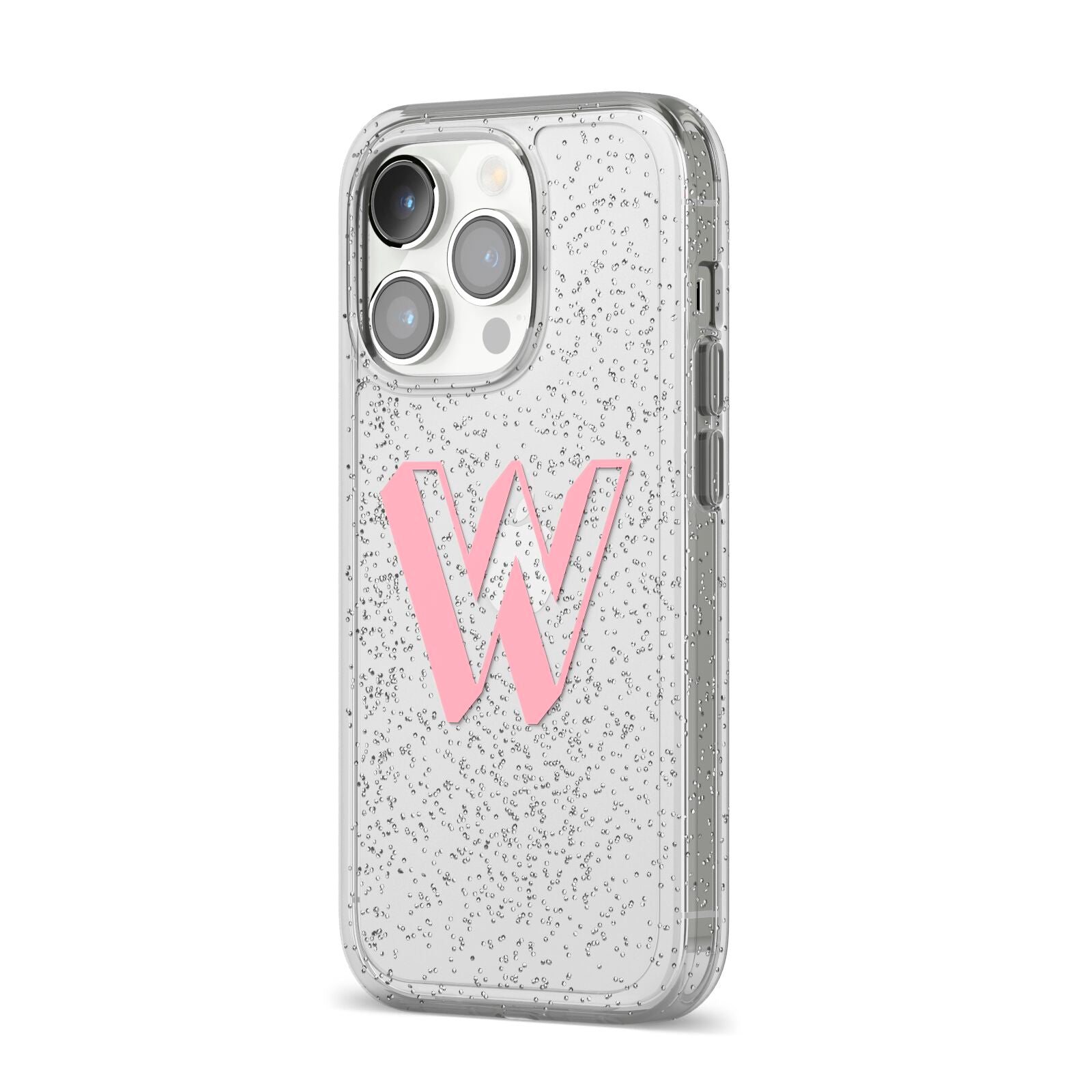 Drop Shadow Initial iPhone 14 Pro Glitter Tough Case Silver Angled Image