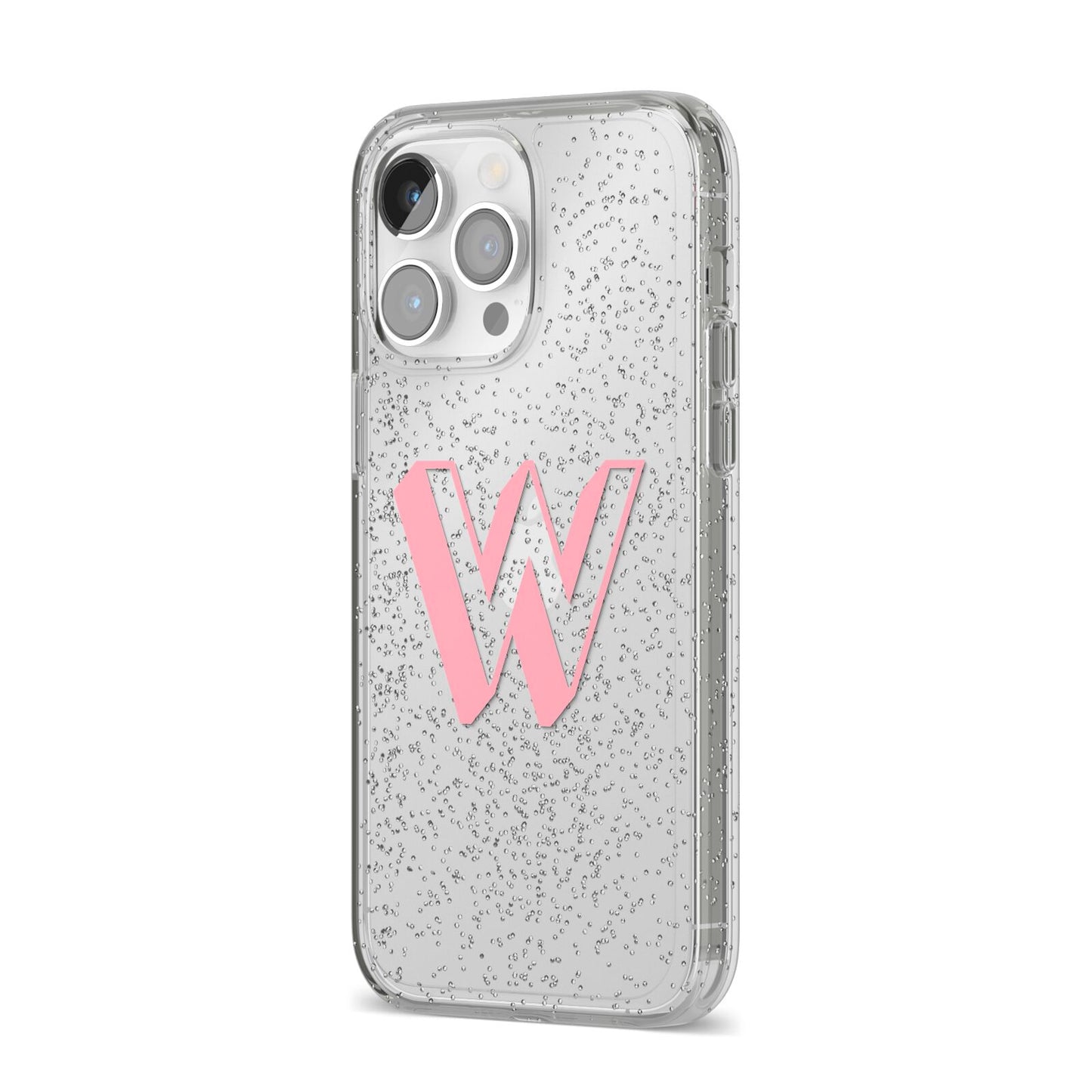 Drop Shadow Initial iPhone 14 Pro Max Glitter Tough Case Silver Angled Image