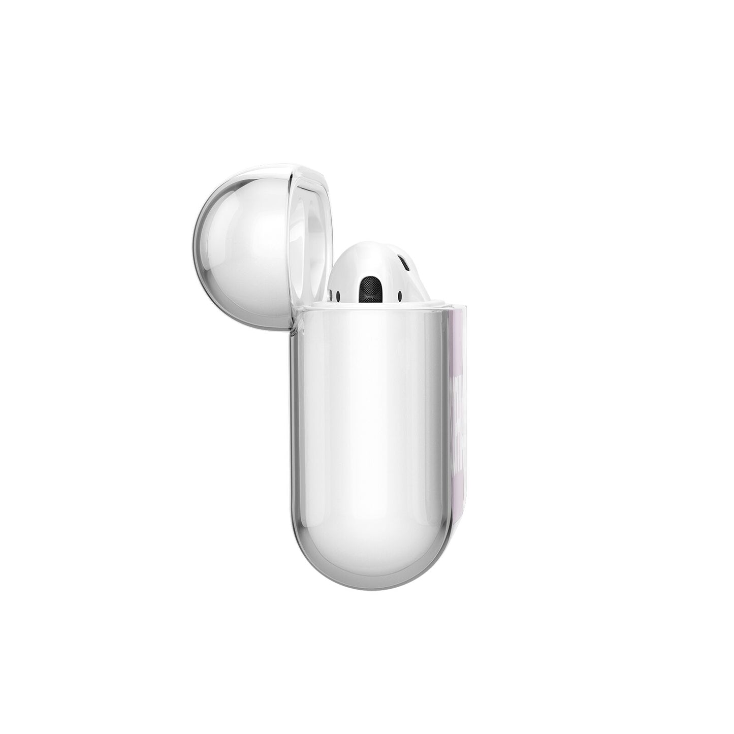 Dusty Pink with Bold White Text AirPods Case Side Angle