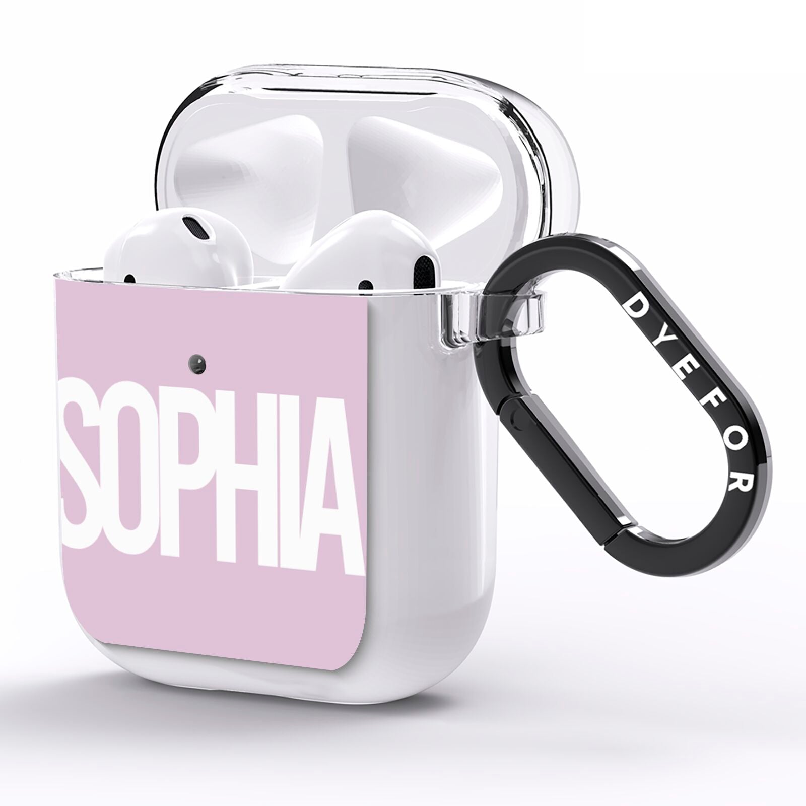 Dusty Pink with Bold White Text AirPods Clear Case Side Image