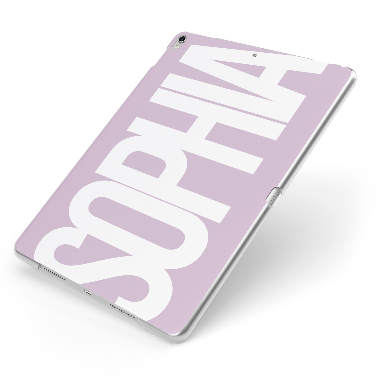 Dusty Pink with Bold White Text Apple iPad Case on Silver iPad Side View