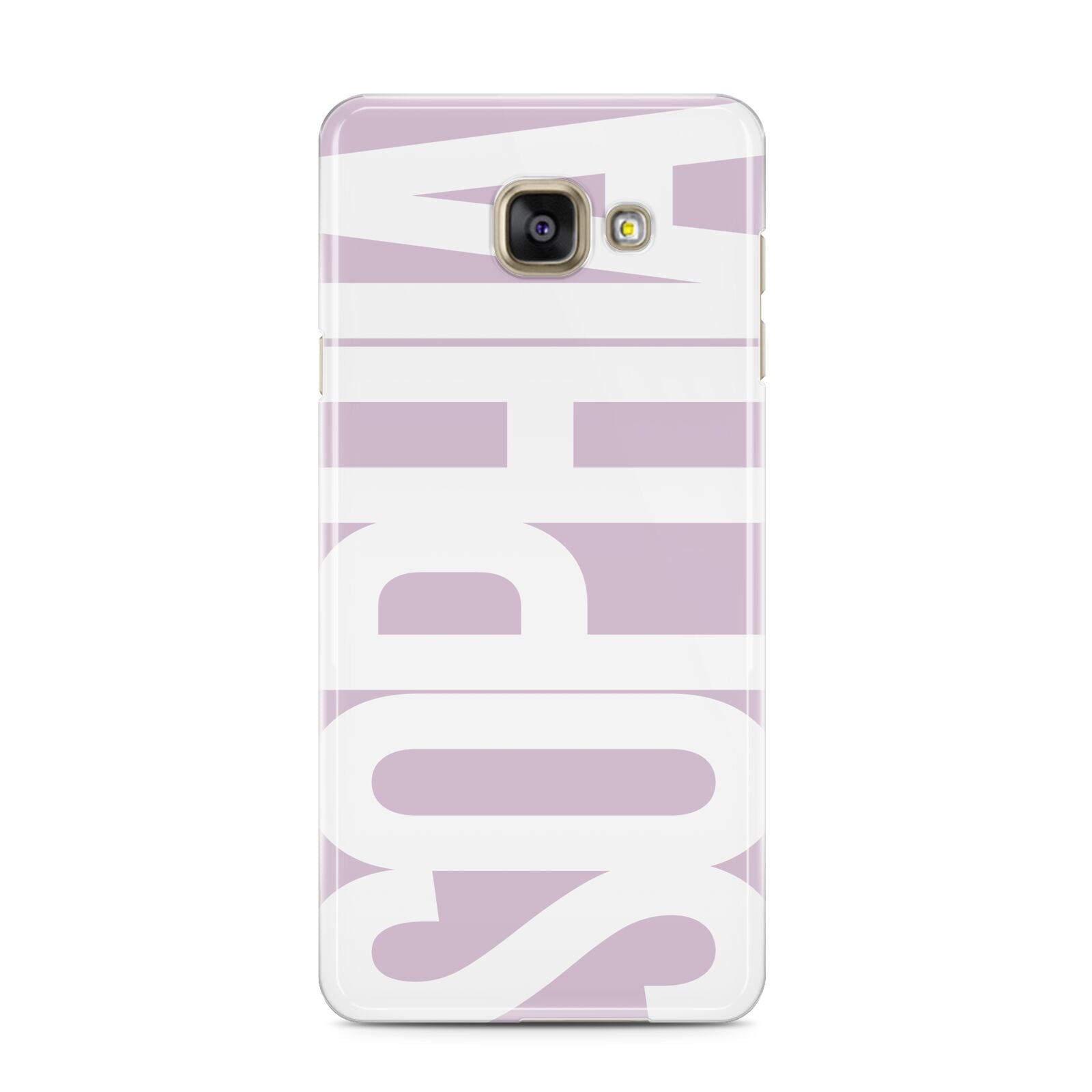 Dusty Pink with Bold White Text Samsung Galaxy A3 2016 Case on gold phone