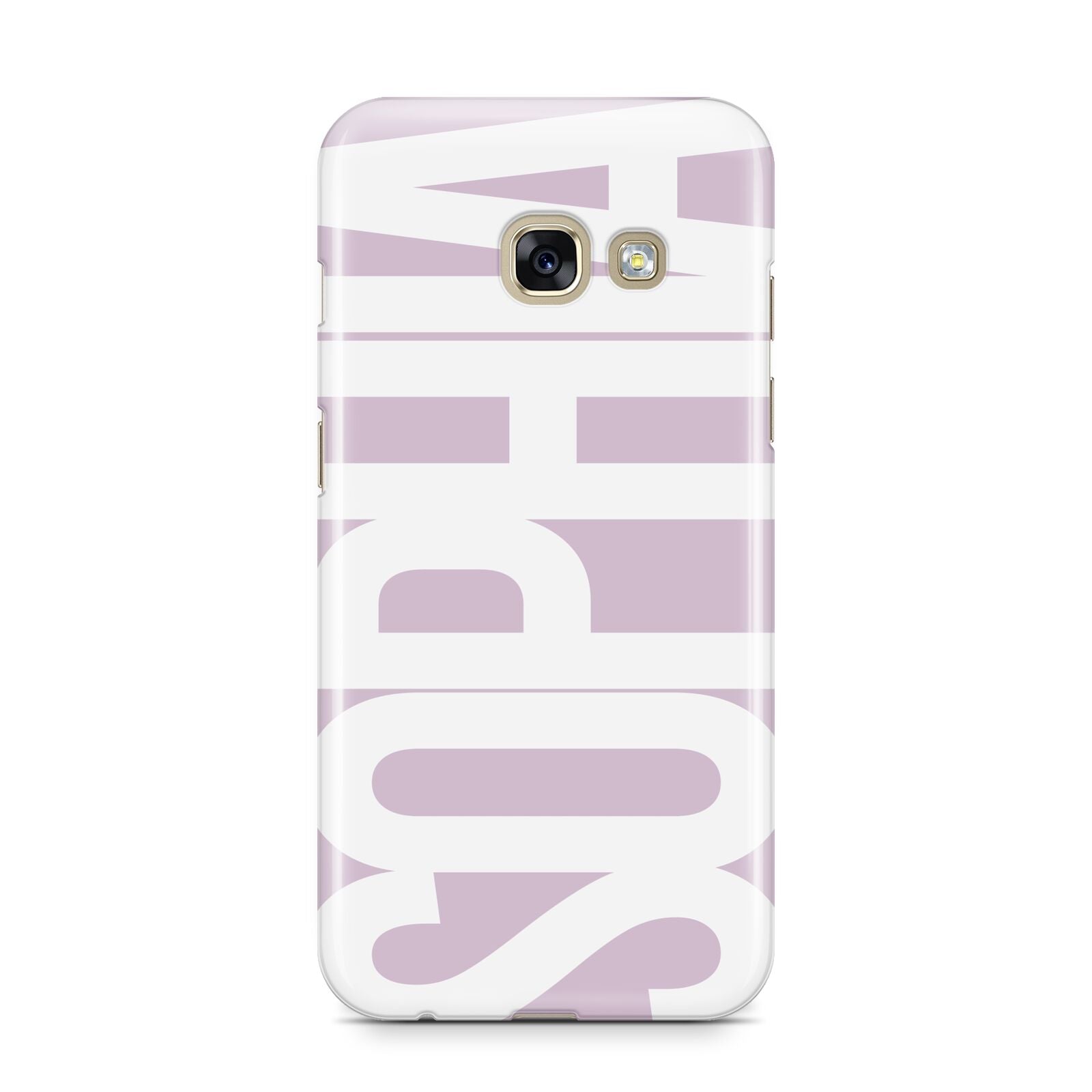 Dusty Pink with Bold White Text Samsung Galaxy A3 2017 Case on gold phone