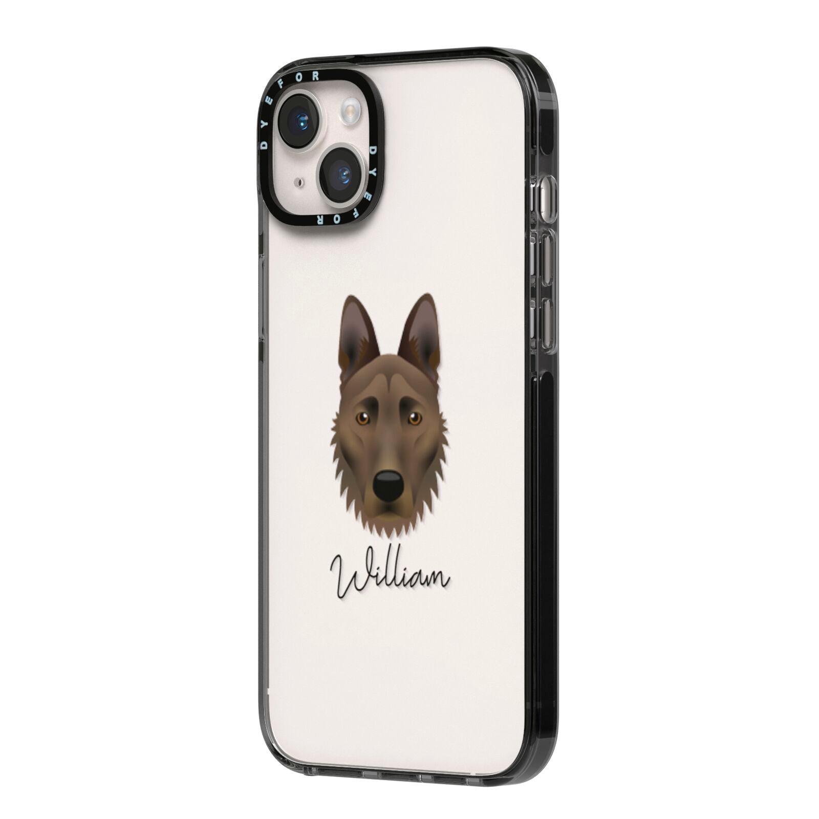 Dutch Shepherd Personalised iPhone 14 Plus Black Impact Case Side Angle on Silver phone