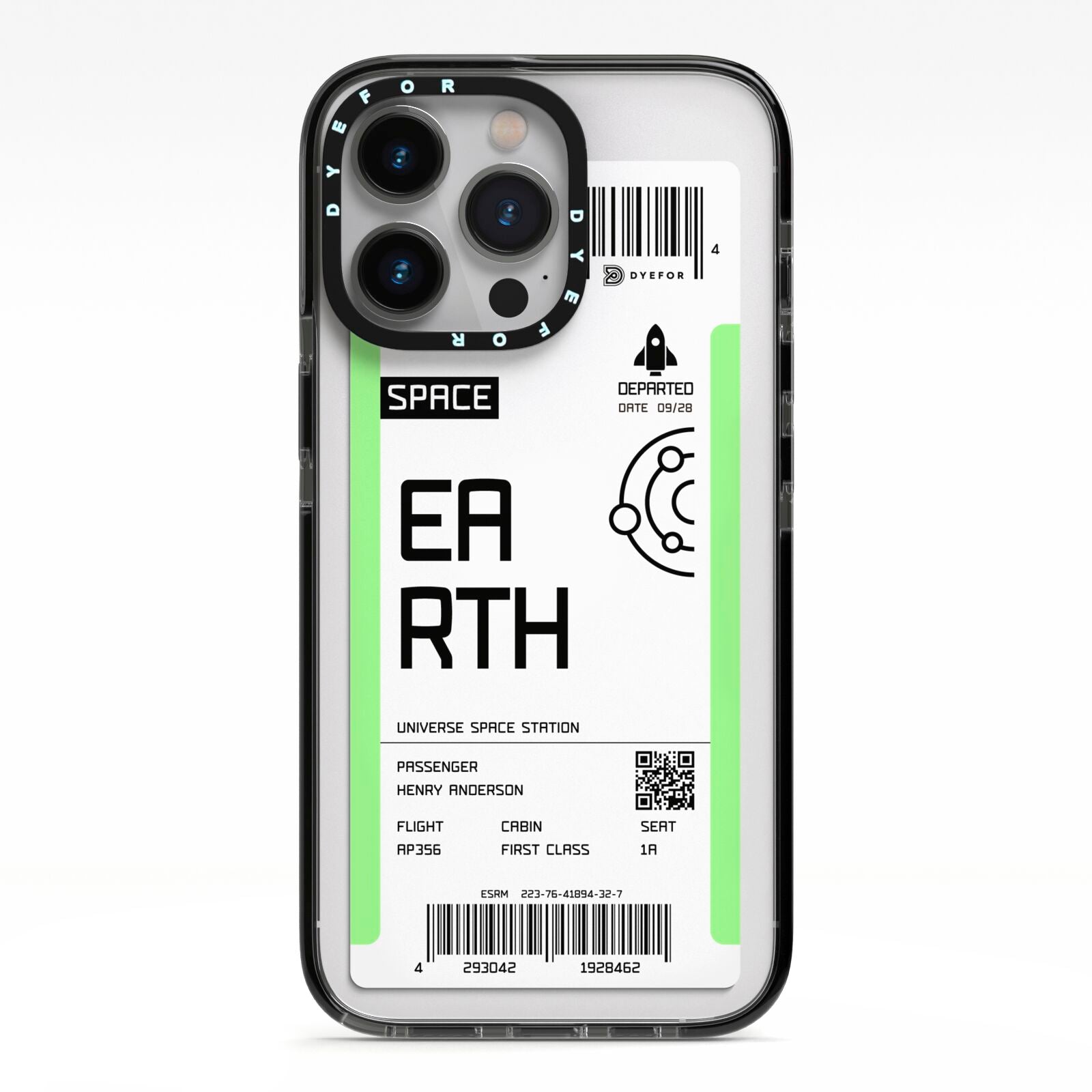 Earth Boarding Pass iPhone 13 Pro Black Impact Case on Silver phone