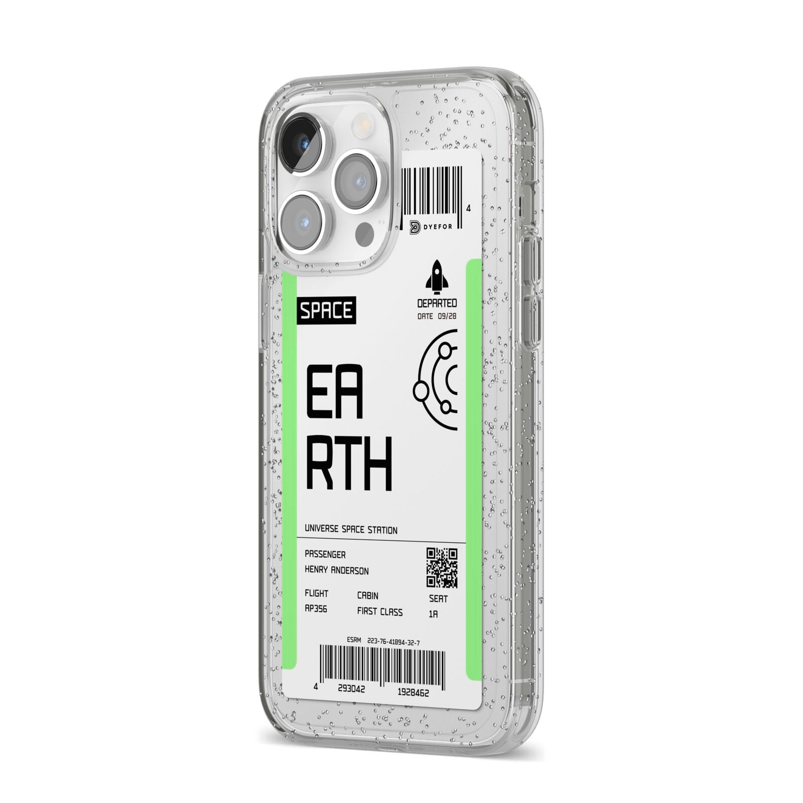 Earth Boarding Pass iPhone 14 Pro Max Glitter Tough Case Silver Angled Image